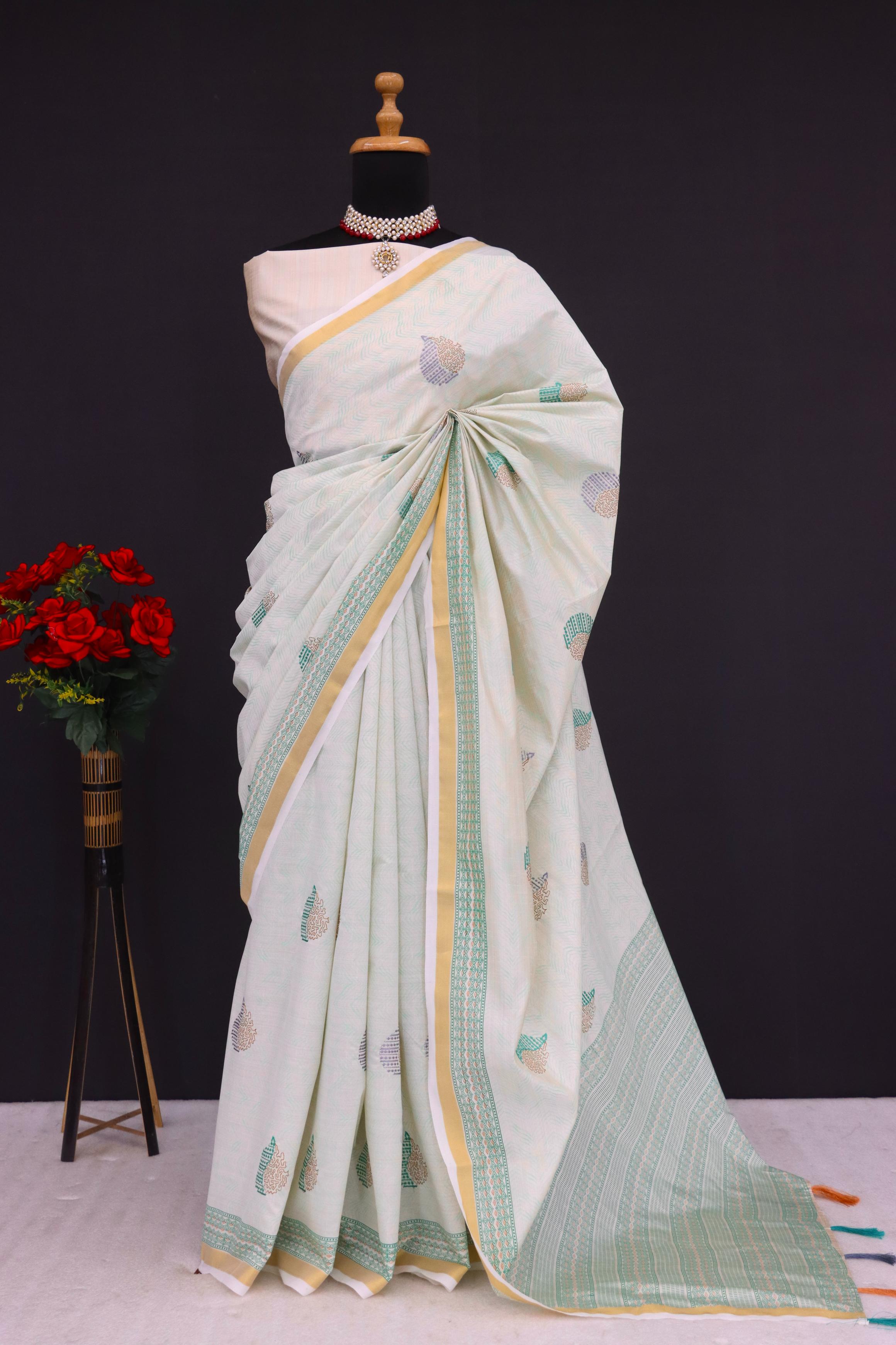 Summer Special Green Katha Work Linen Silk Saree