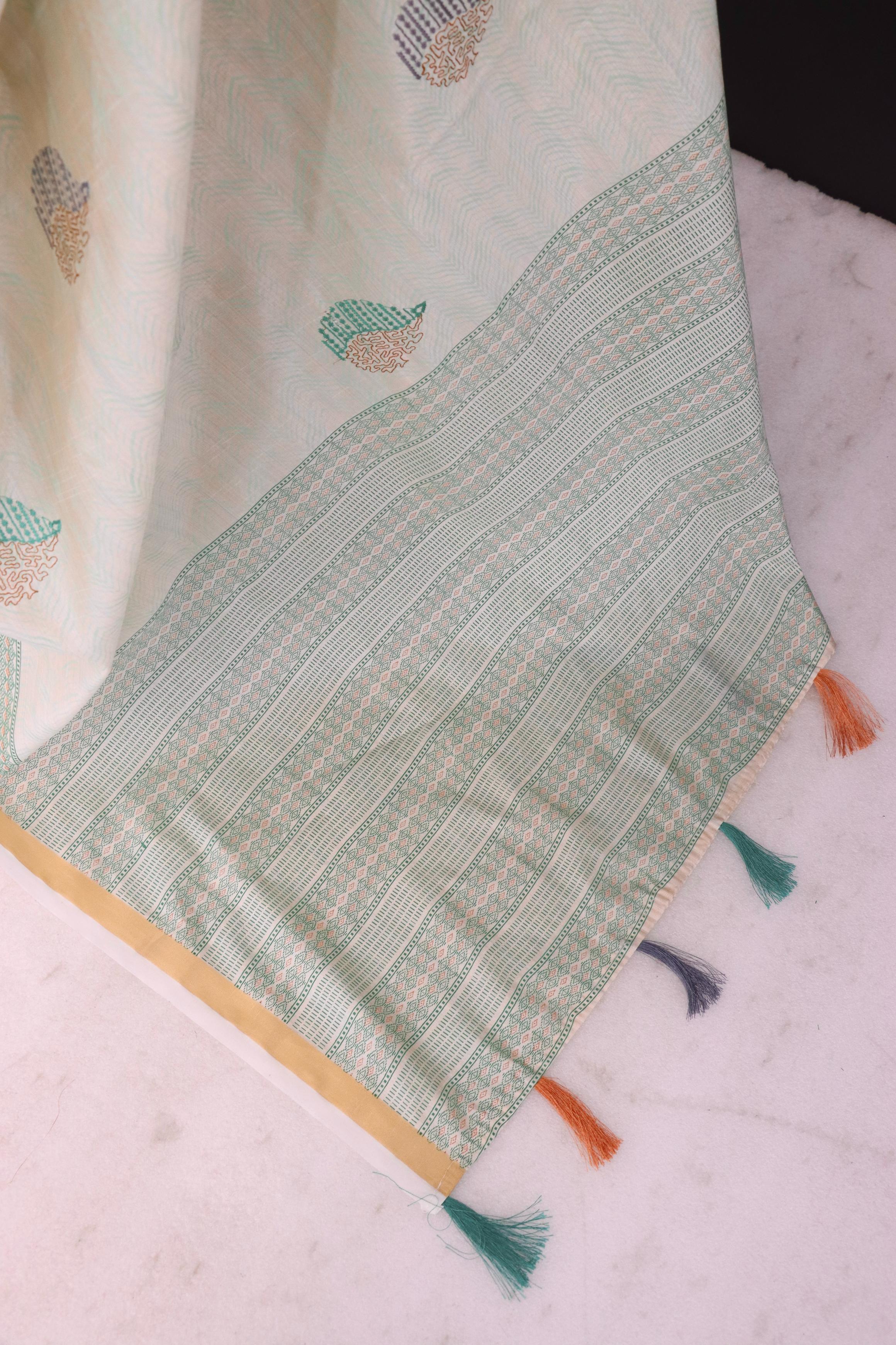 Summer Special Green Katha Work Linen Silk Saree