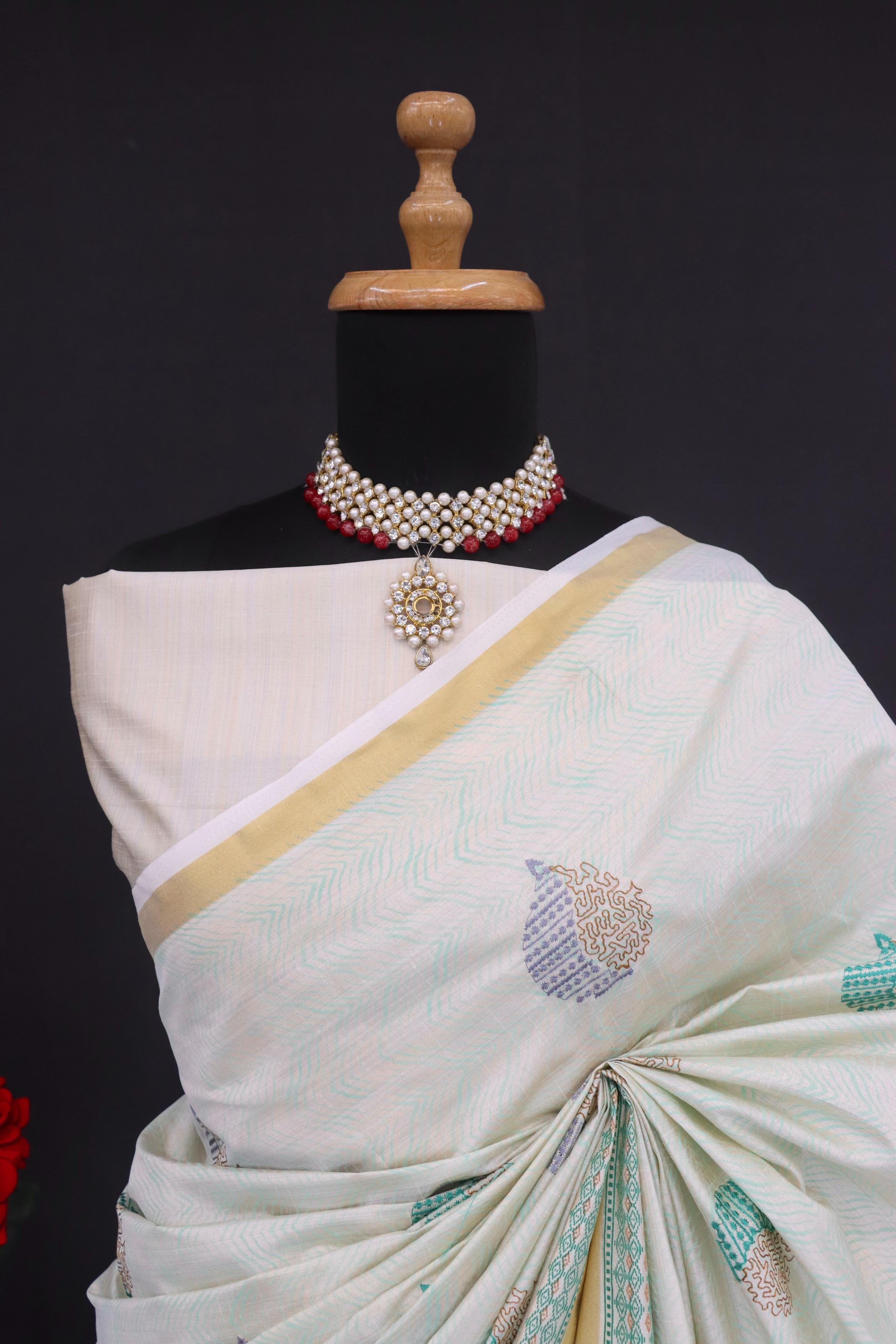 Summer Special Green Katha Work Linen Silk Saree
