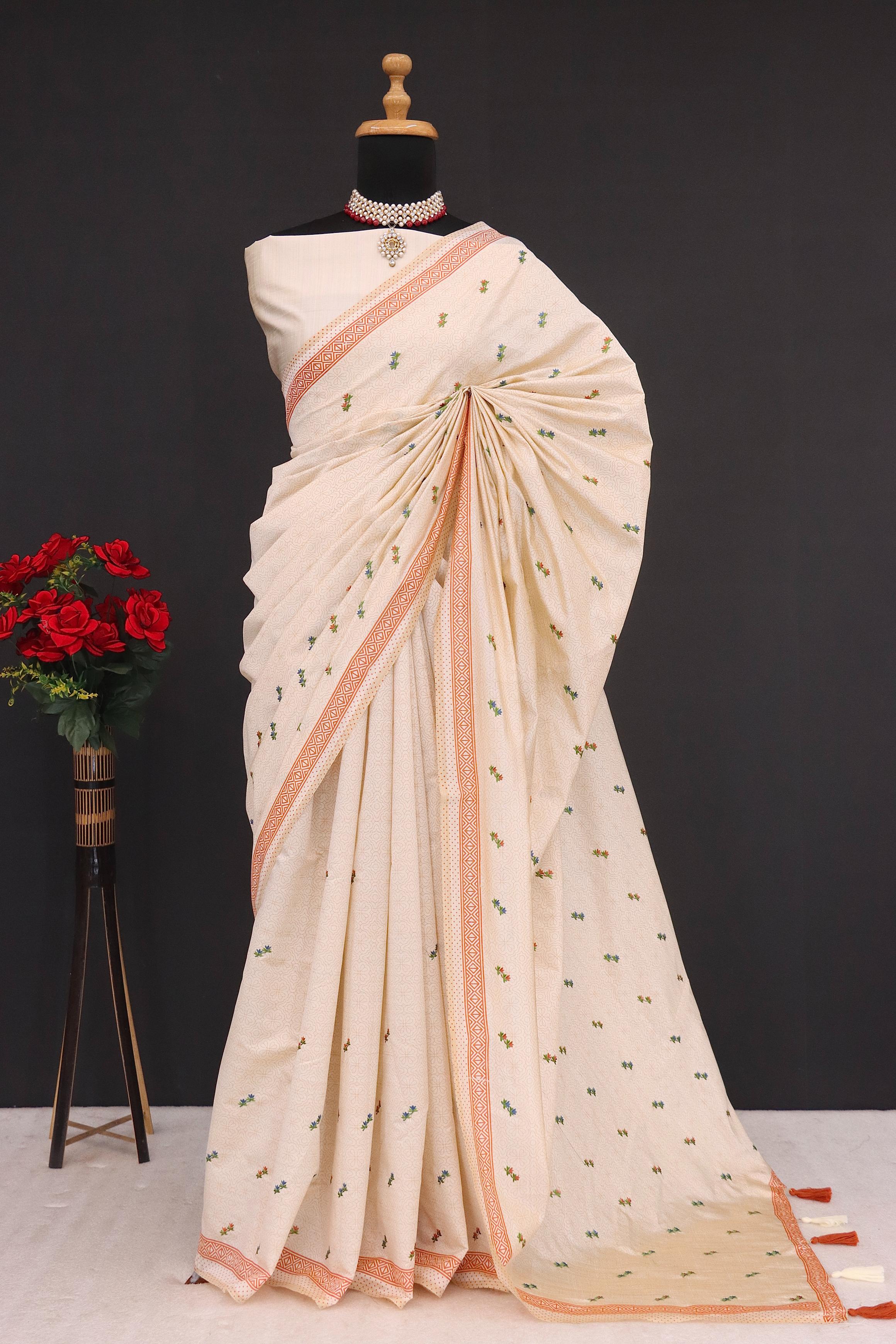 Summer Special Orange Small Flower Katha Work Linen Silk Saree