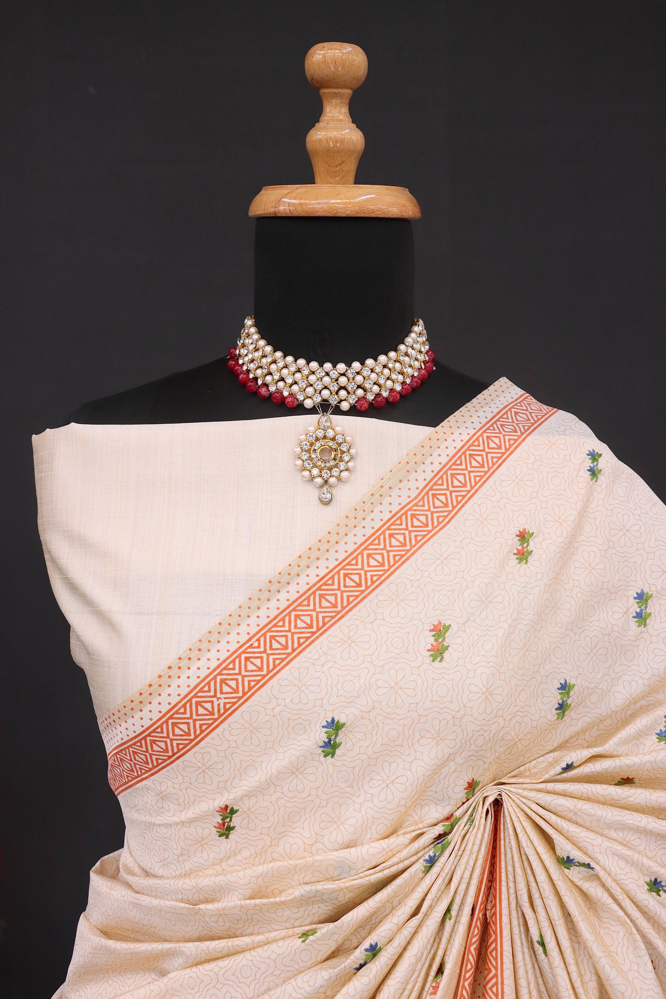 Summer Special Orange Small Flower Katha Work Linen Silk Saree