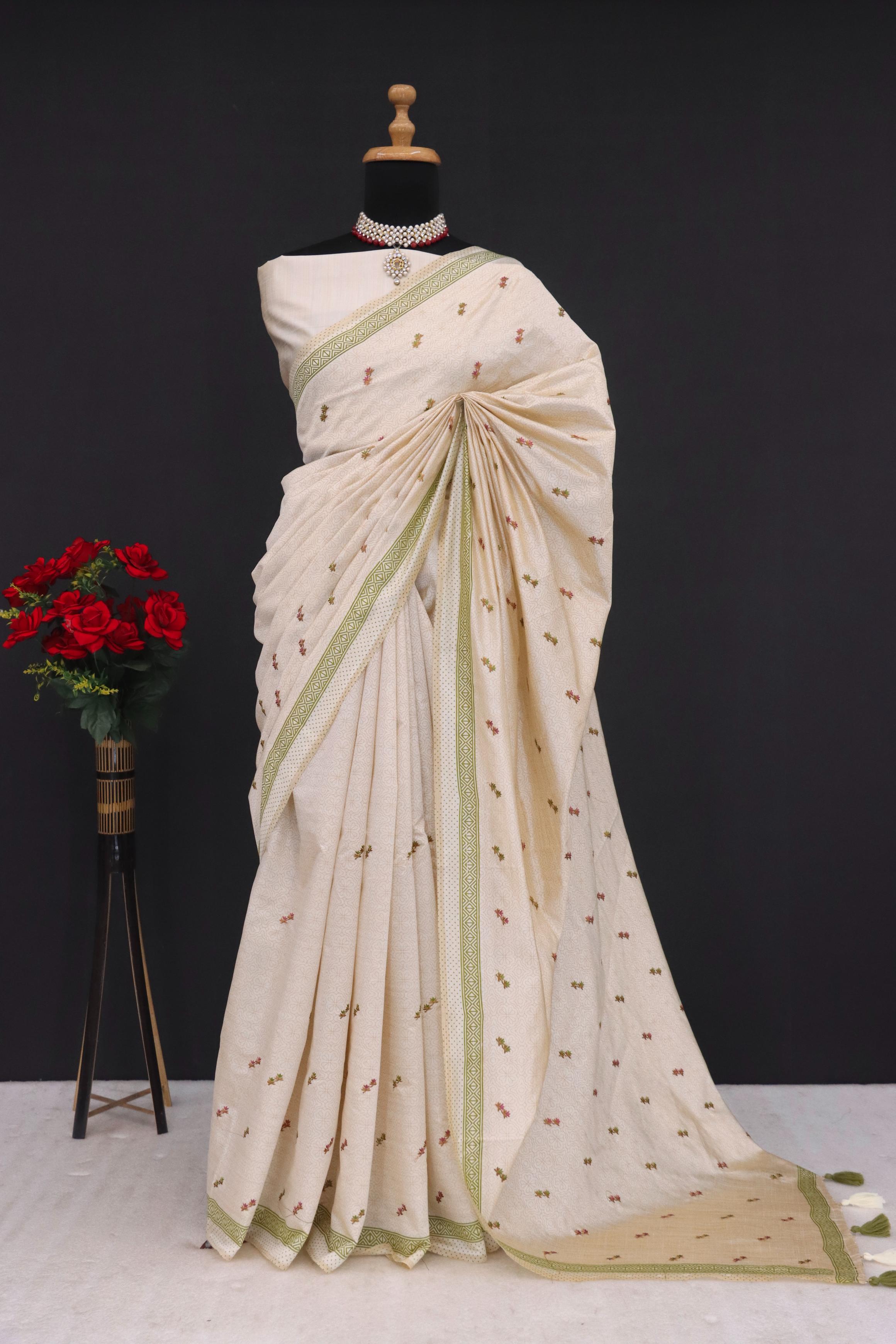 Summer Special Green Small Flower Katha Work Linen Silk Saree