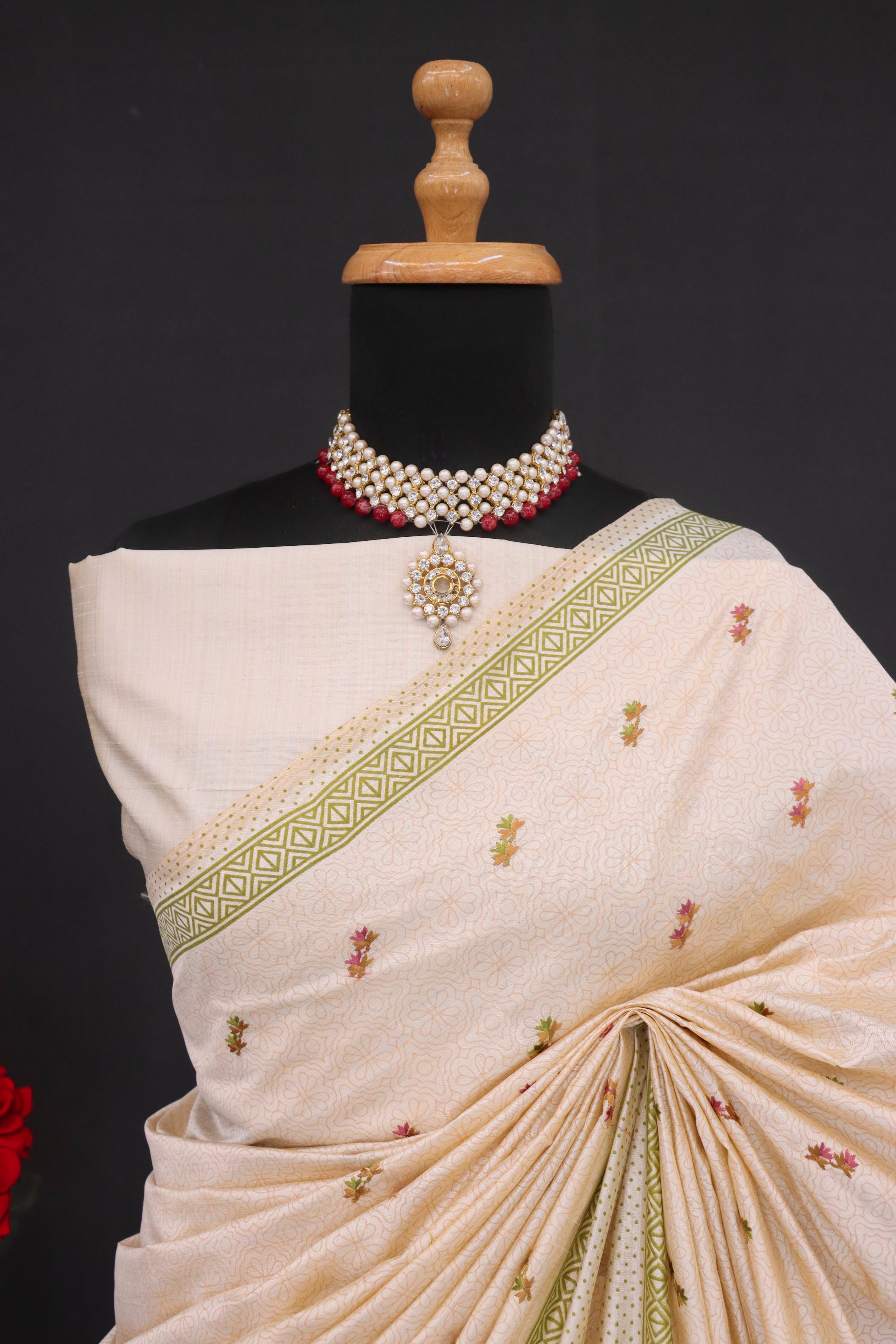 Summer Special Green Small Flower Katha Work Linen Silk Saree
