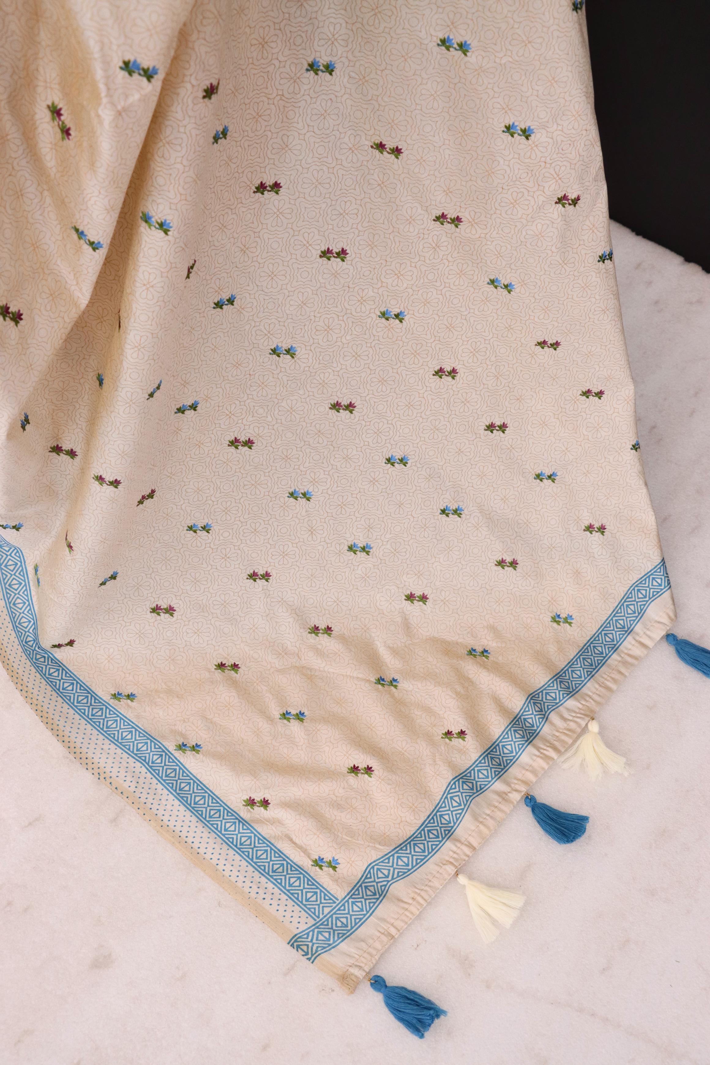 Summer Special Blue Small Flower Katha Work Linen Silk Saree