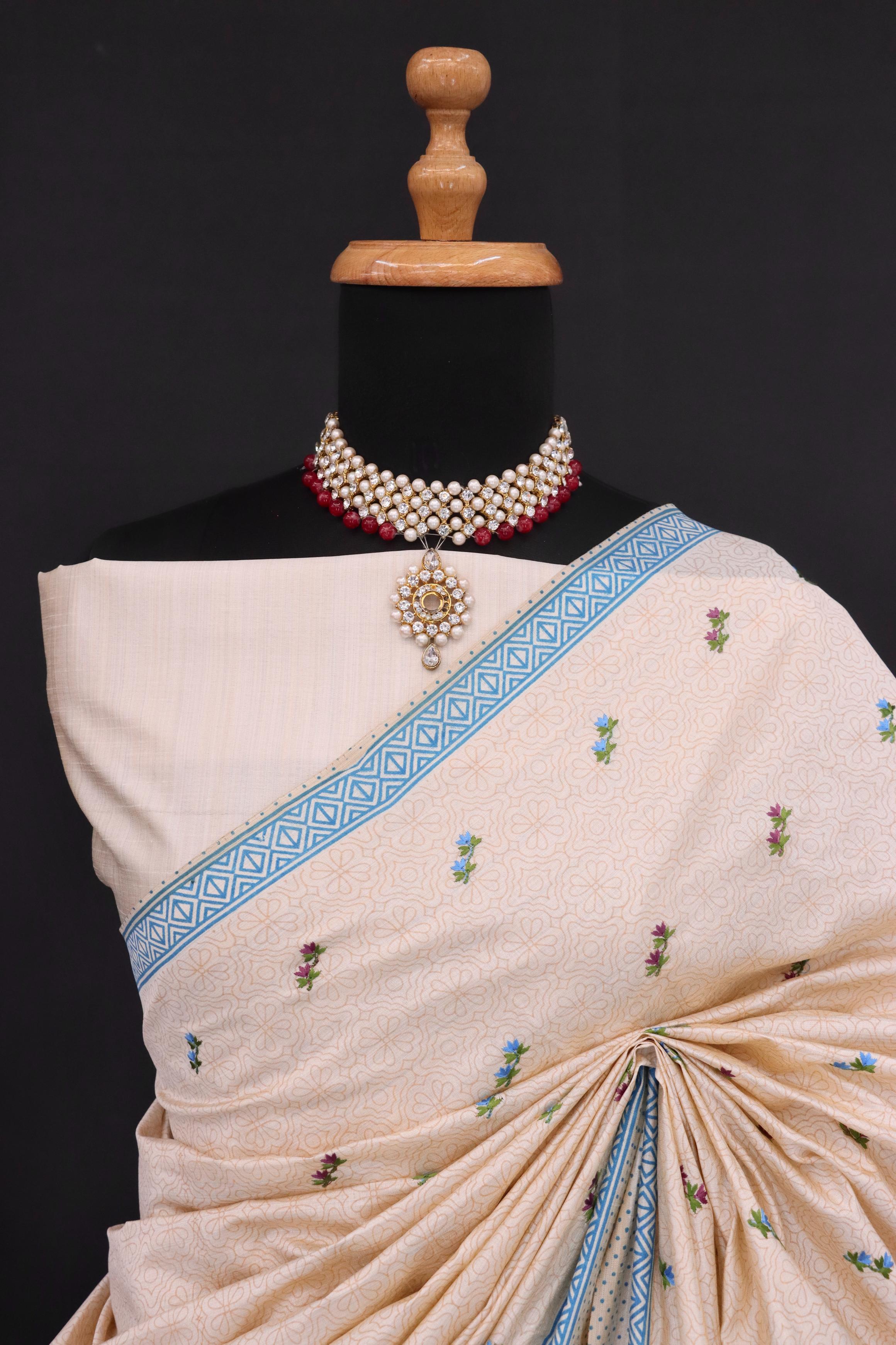 Summer Special Blue Small Flower Katha Work Linen Silk Saree