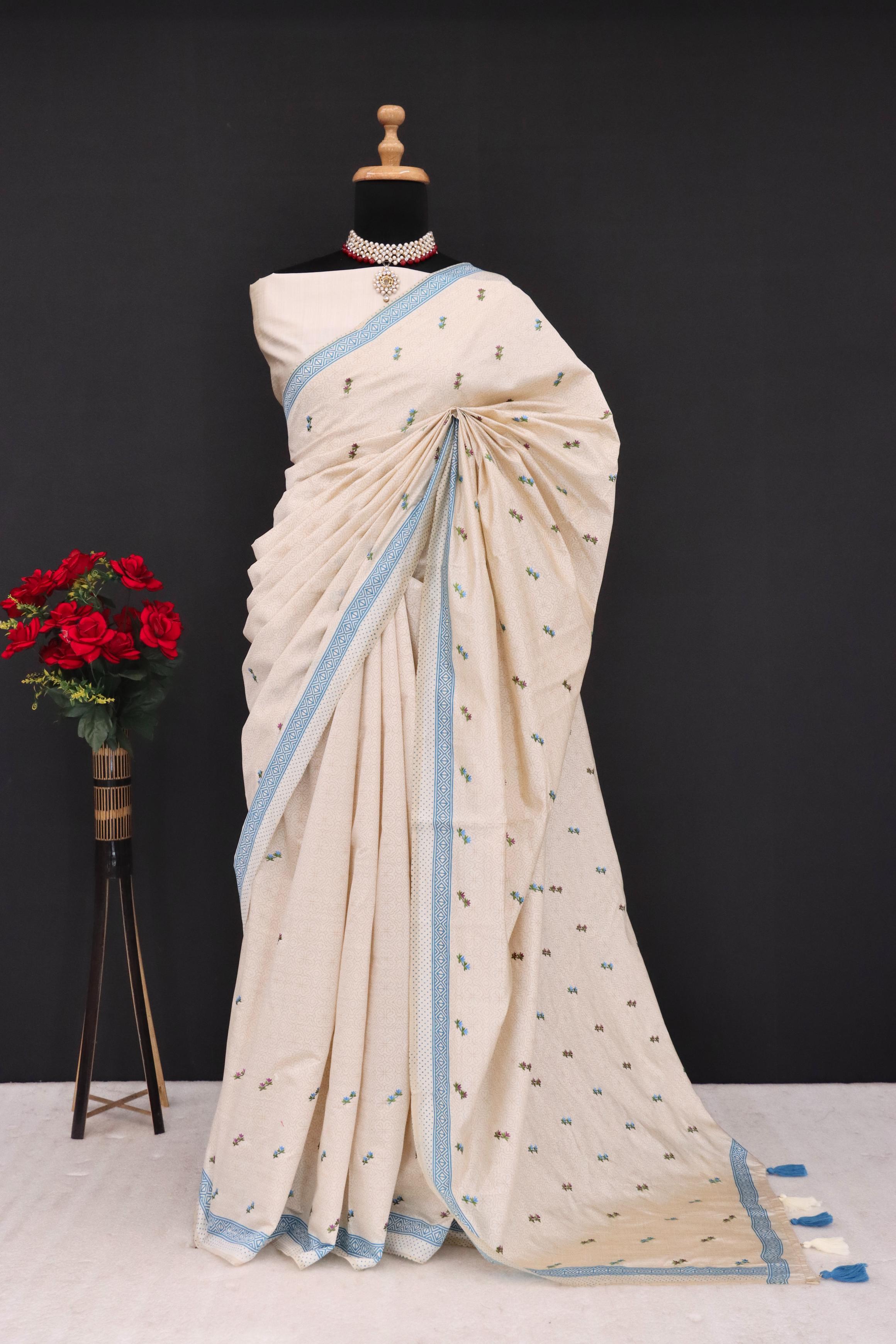 Summer Special Blue Small Flower Katha Work Linen Silk Saree
