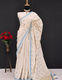 Summer Special Blue Small Flower Katha Work Linen Silk Saree