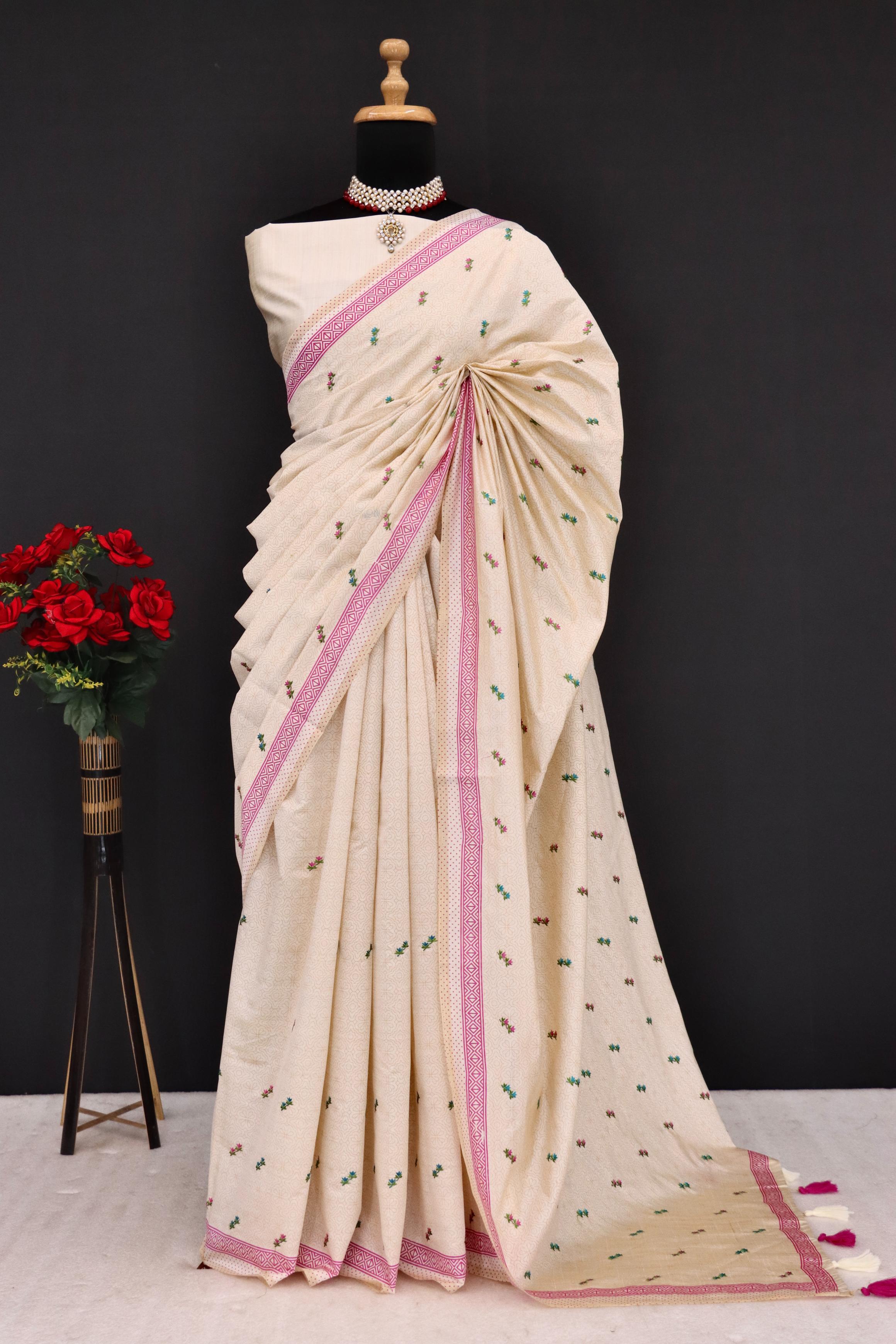 Summer Special Pink Small Flower Katha Work Linen Silk Saree
