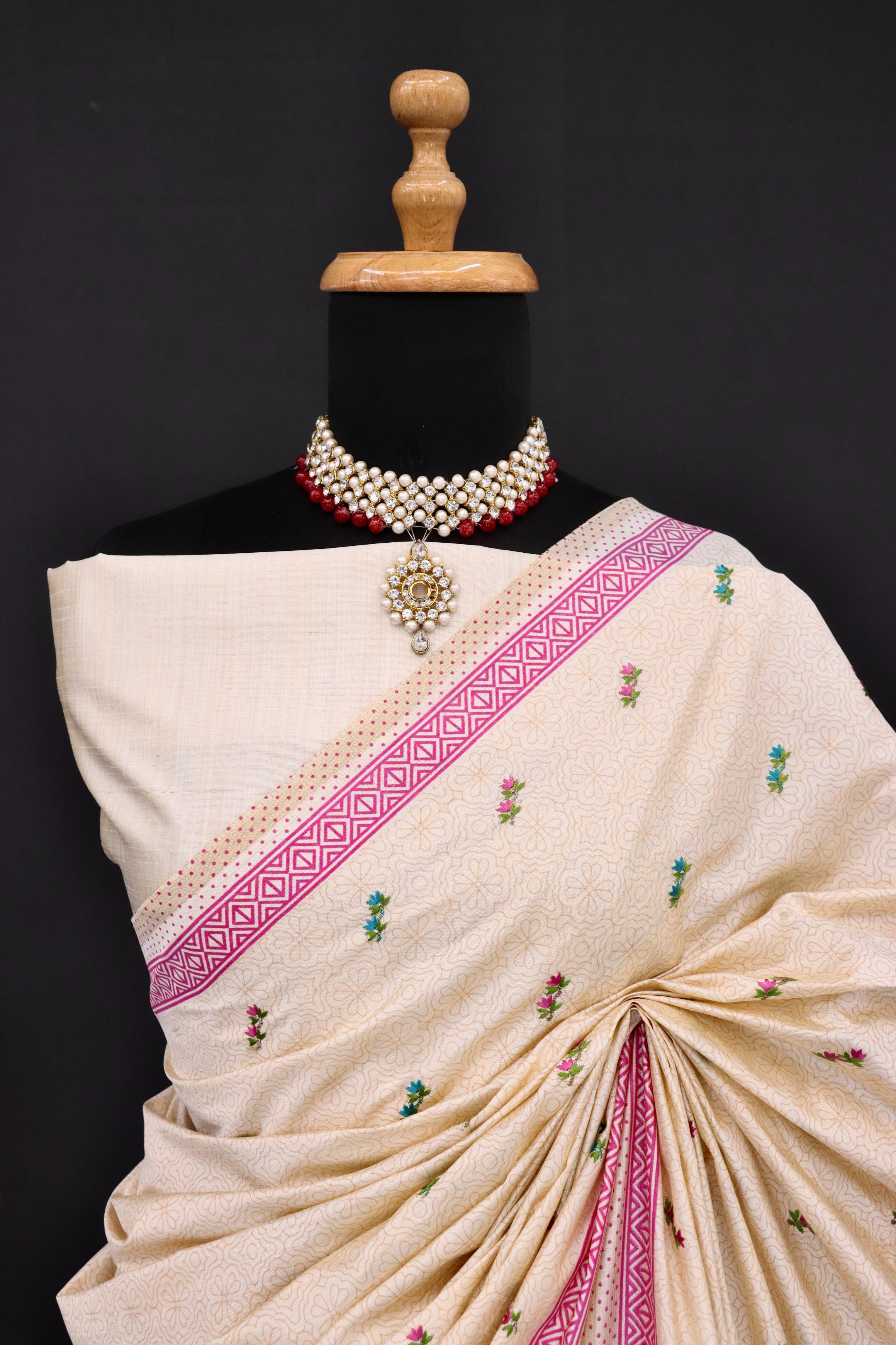 Summer Special Pink Small Flower Katha Work Linen Silk Saree