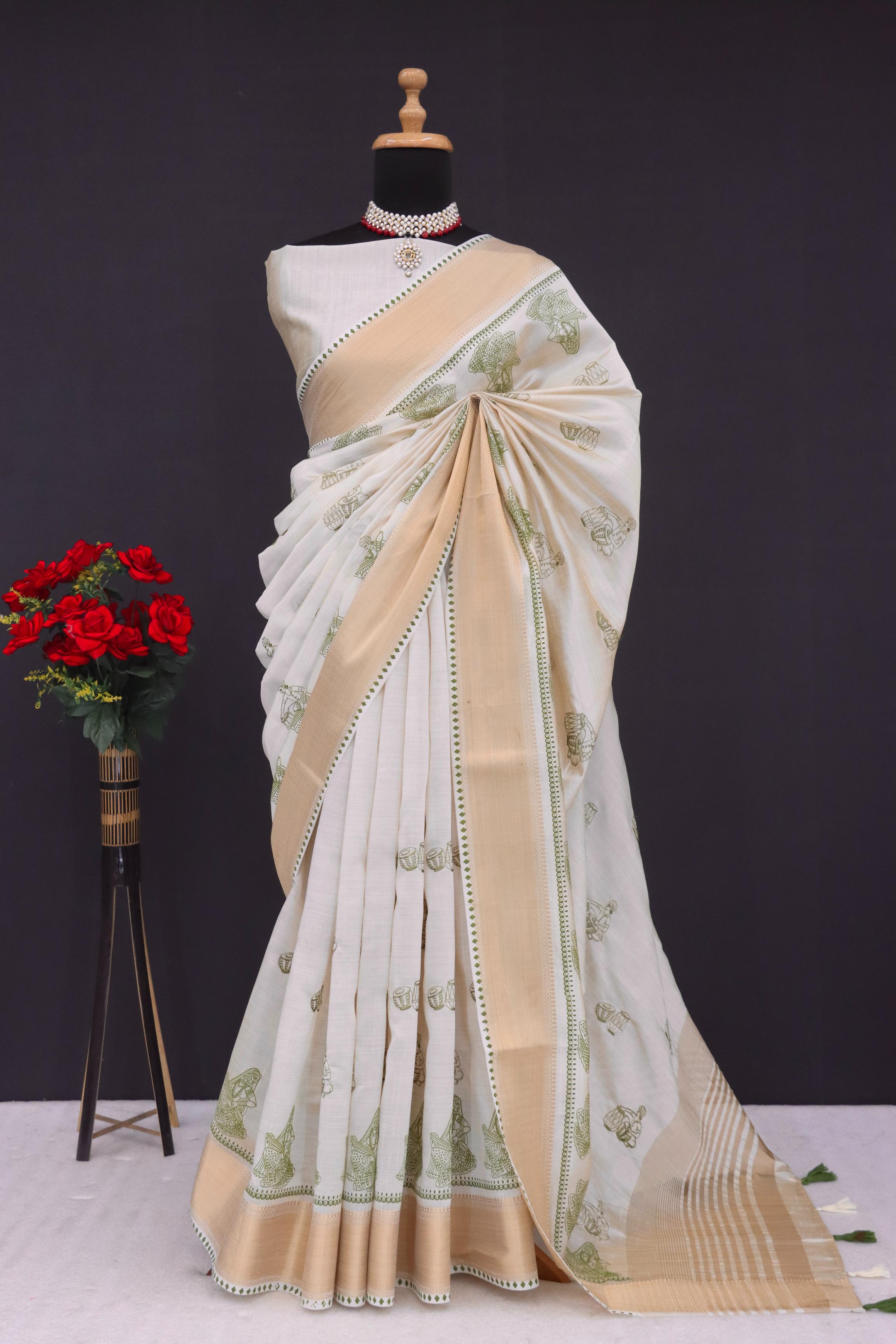 Summer Special Green Hand Block With Katha Work Linen Silk Saree