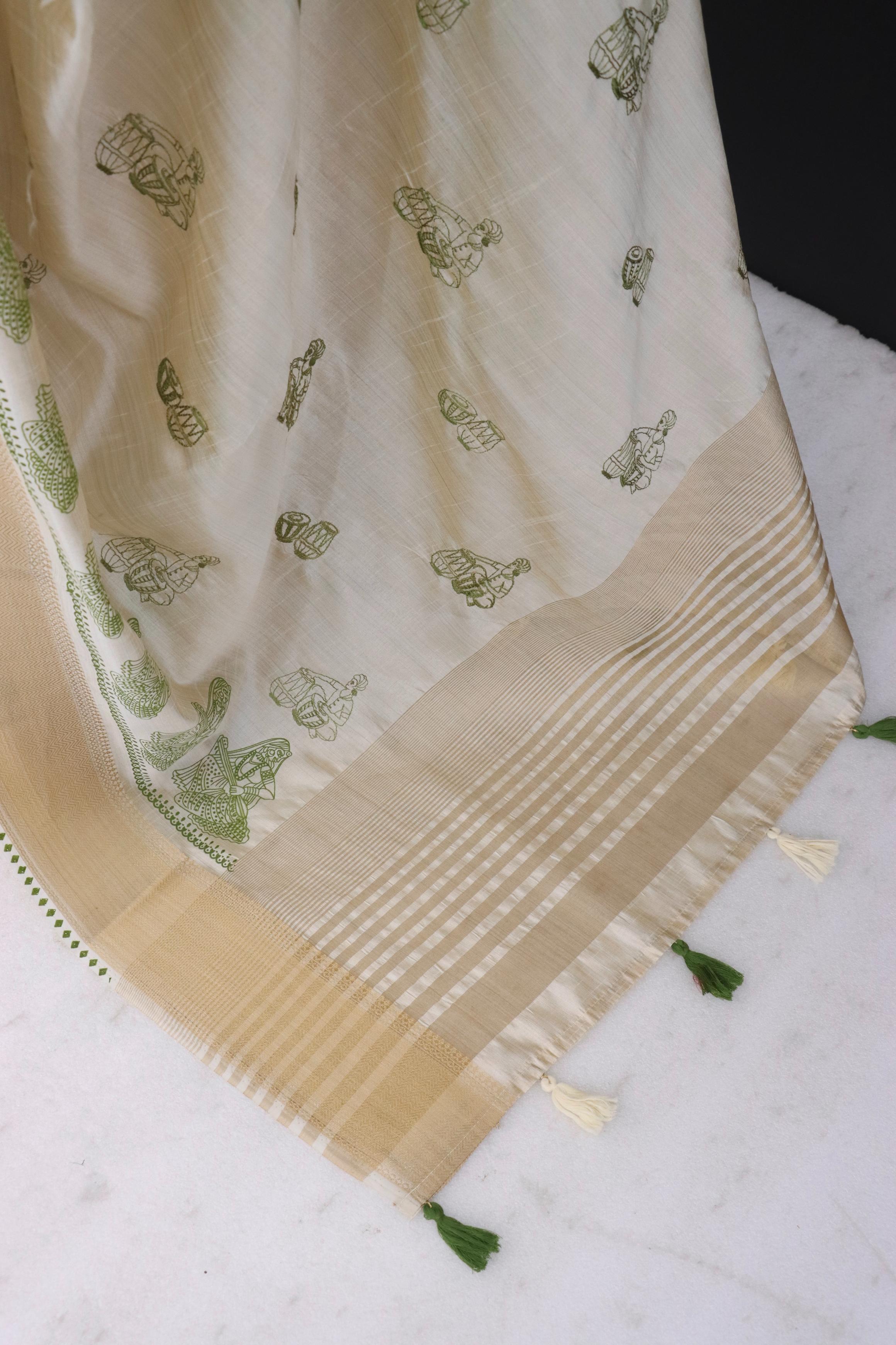 Summer Special Green Hand Block With Katha Work Linen Silk Saree