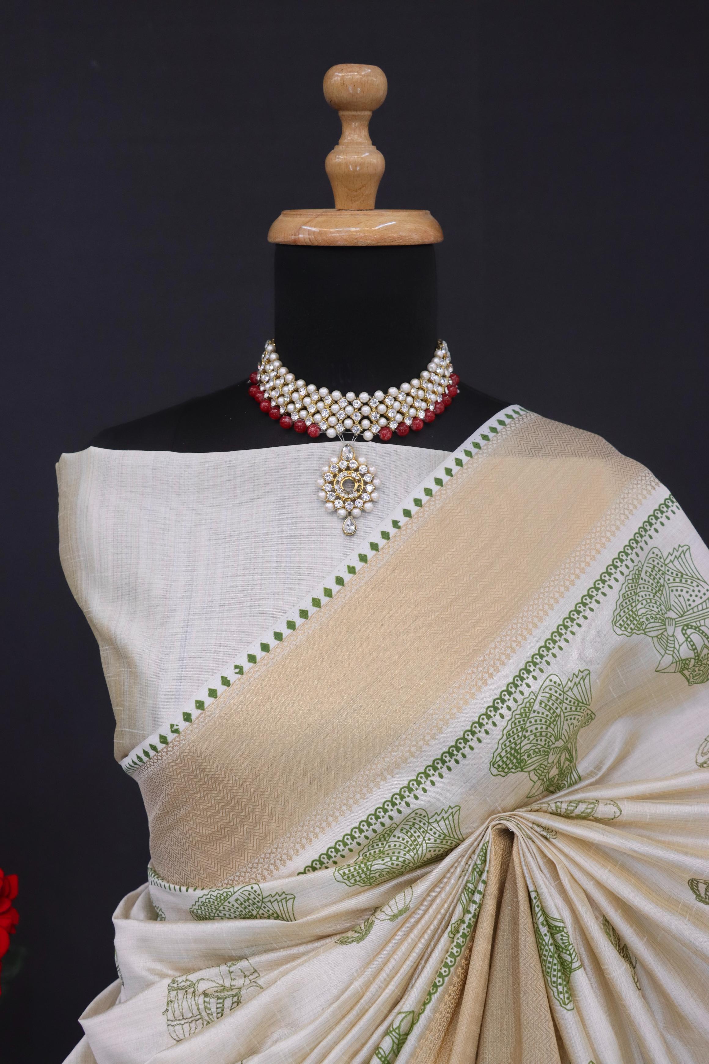 Summer Special Green Hand Block With Katha Work Linen Silk Saree