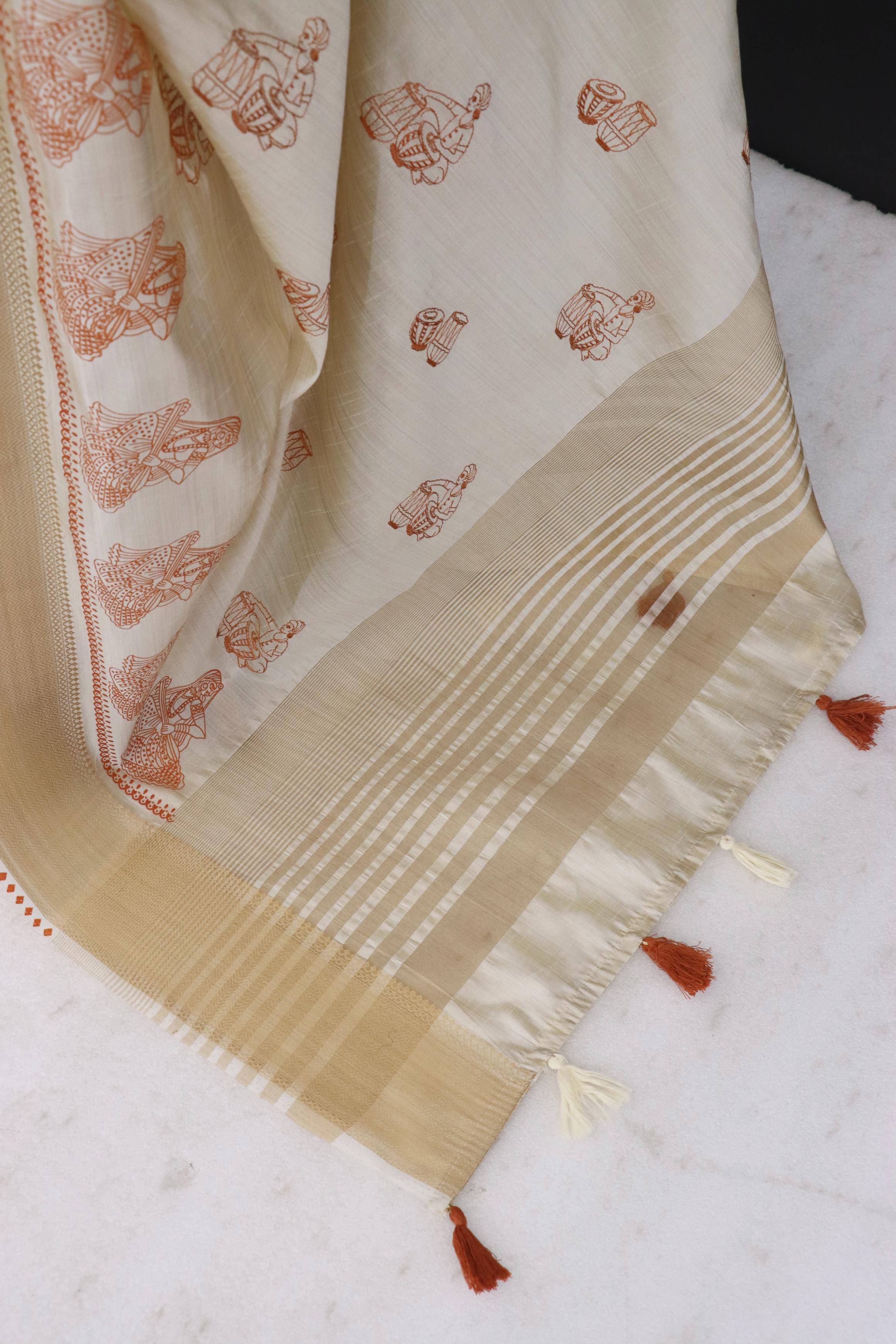 Summer Special Orange Hand Block With Katha Work Linen Silk Saree