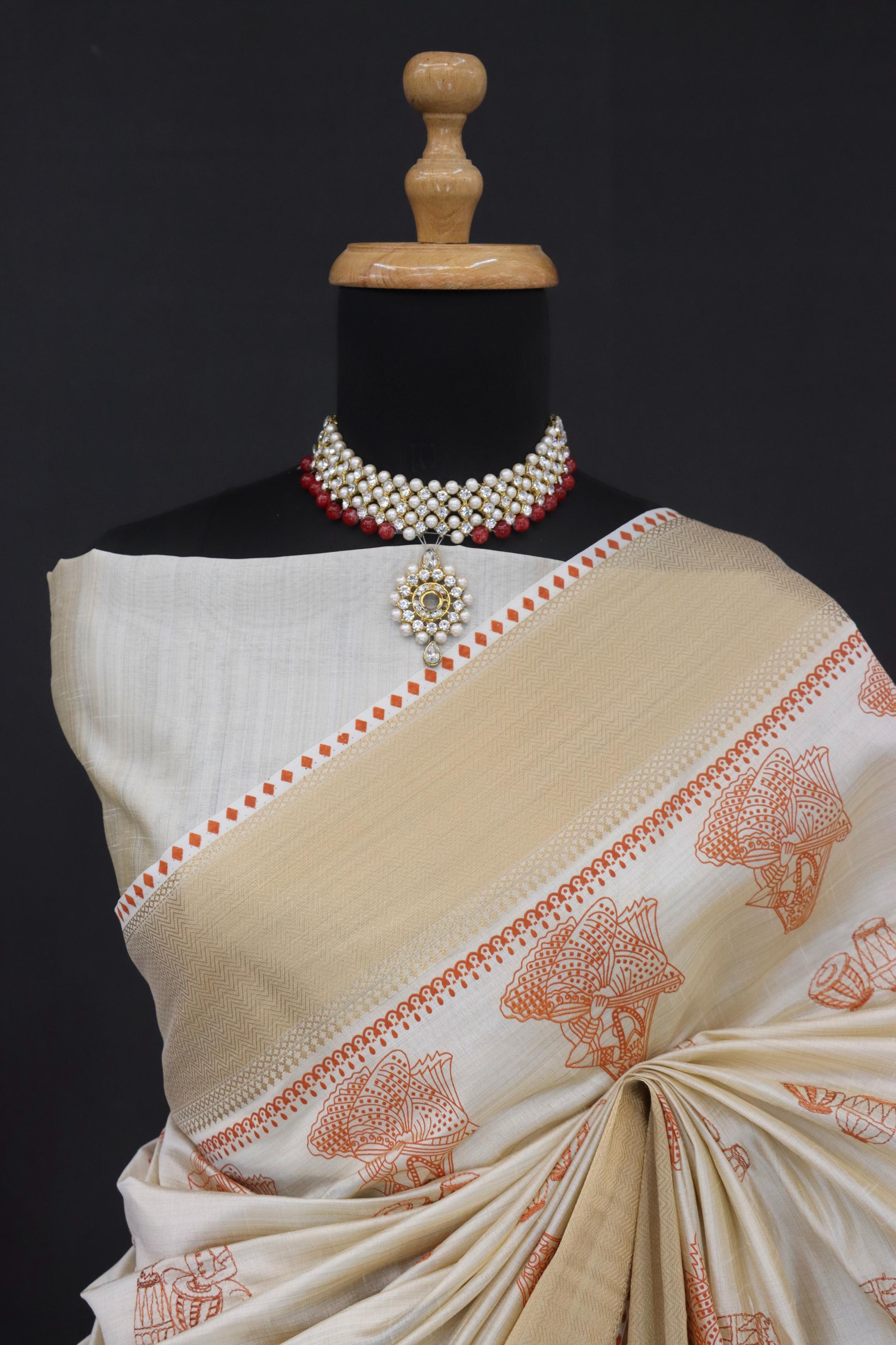 Summer Special Orange Hand Block With Katha Work Linen Silk Saree