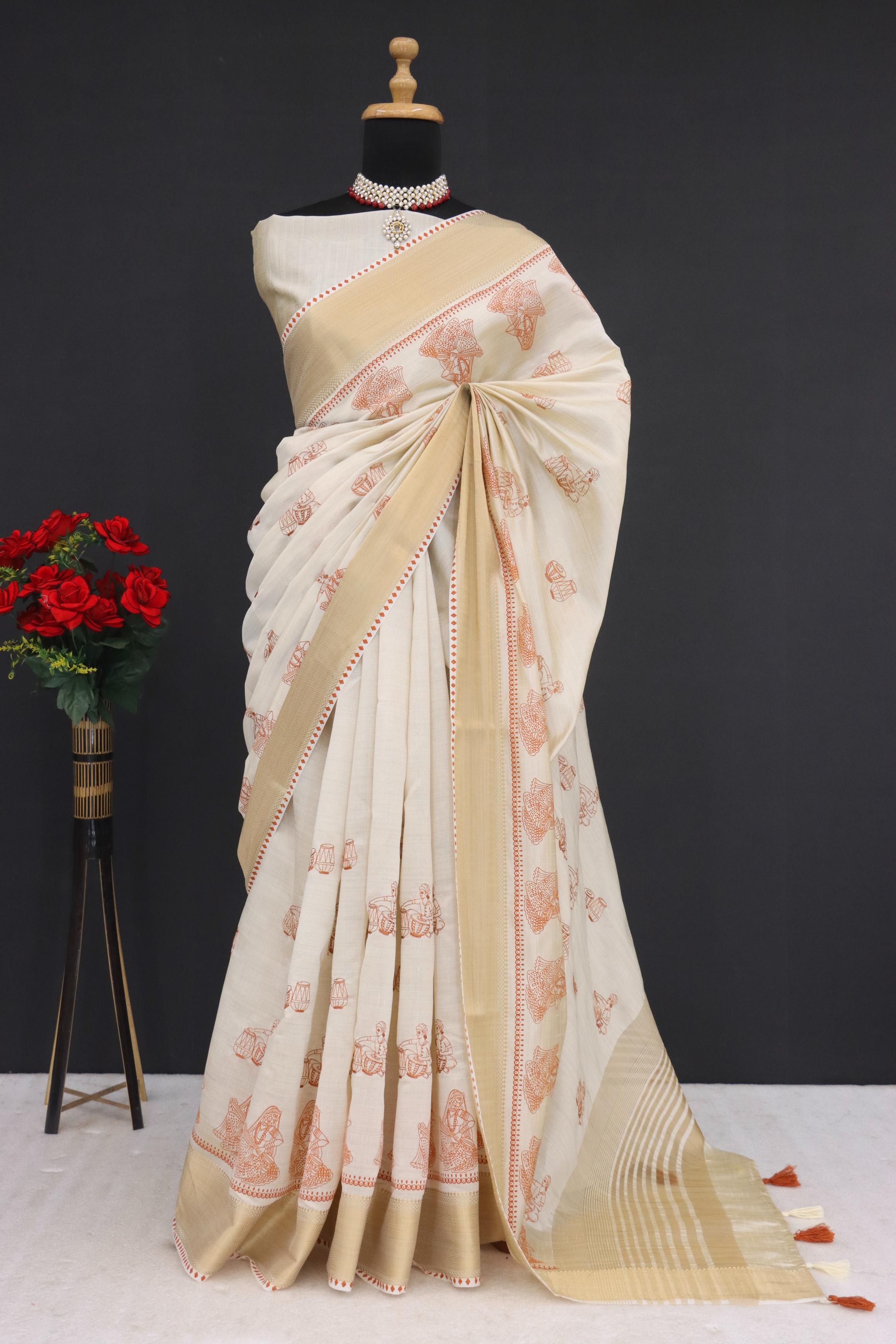 Summer Special Orange Hand Block With Katha Work Linen Silk Saree