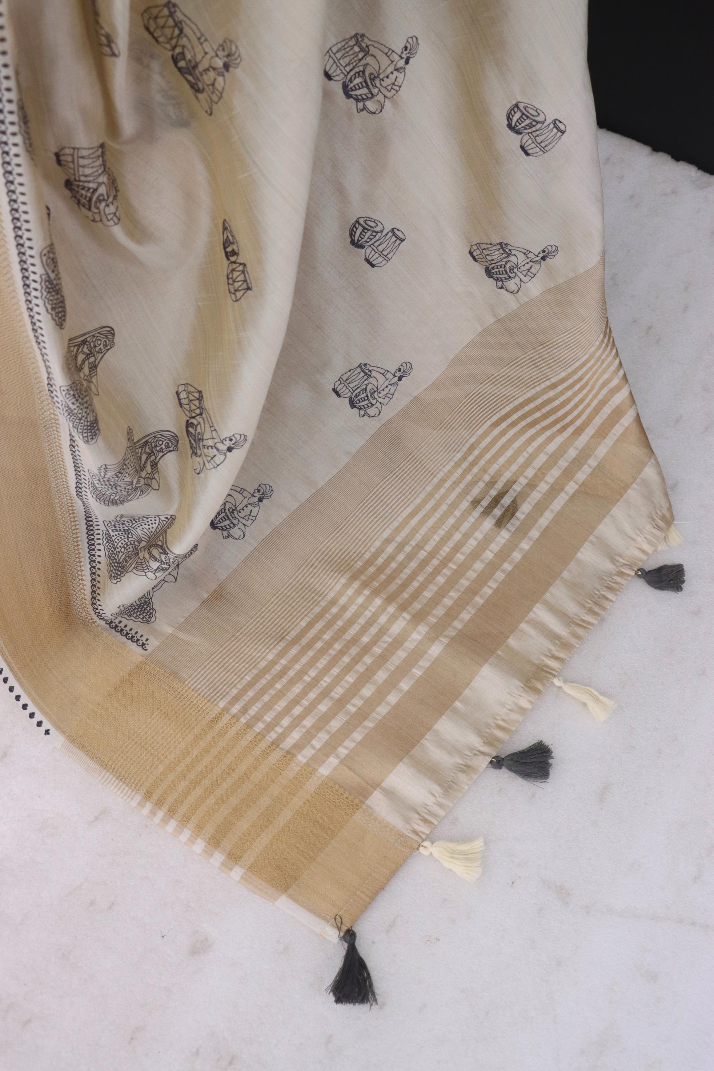 Summer Special Blue Hand Block With Katha Work Linen Silk Saree