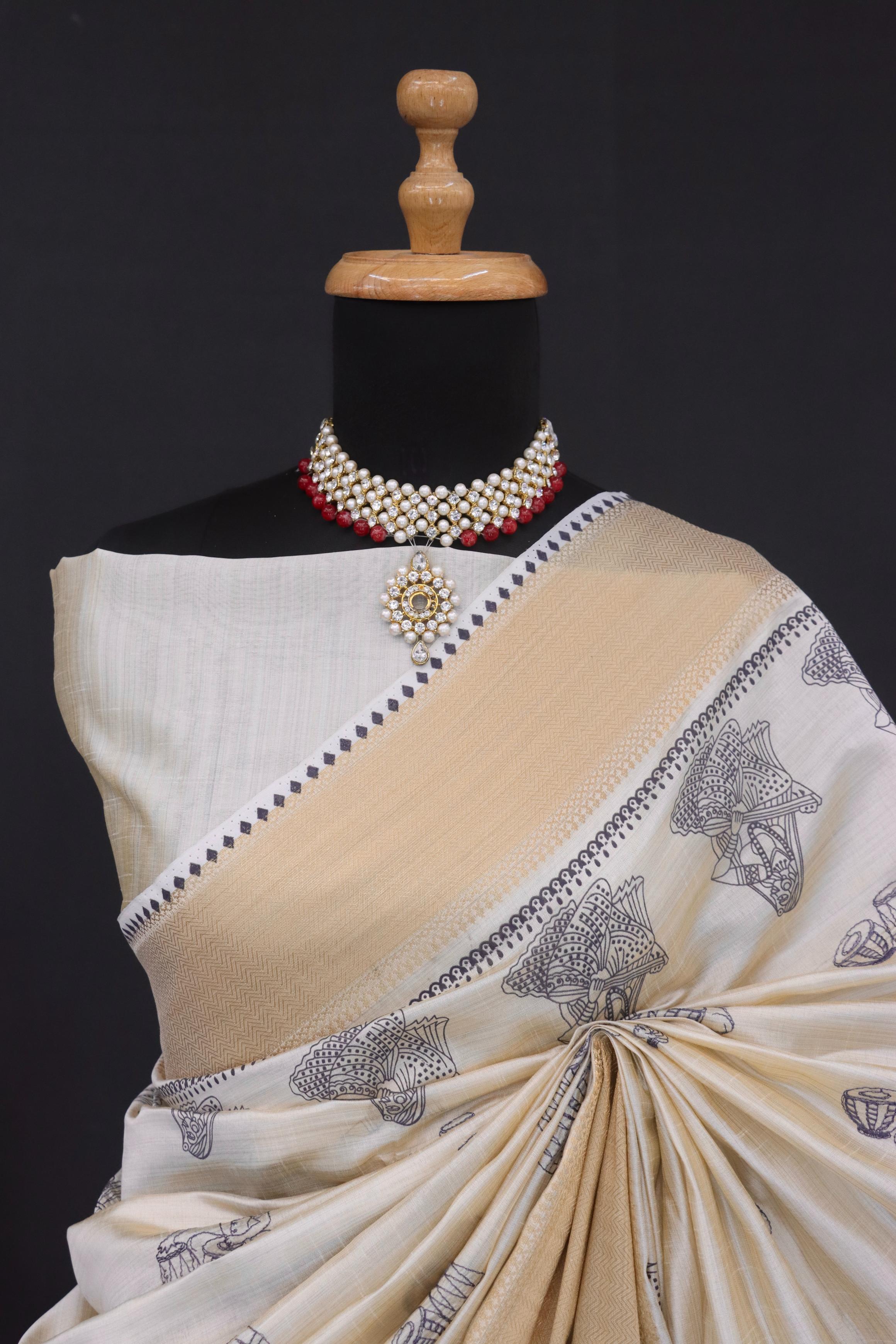 Summer Special Blue Hand Block With Katha Work Linen Silk Saree