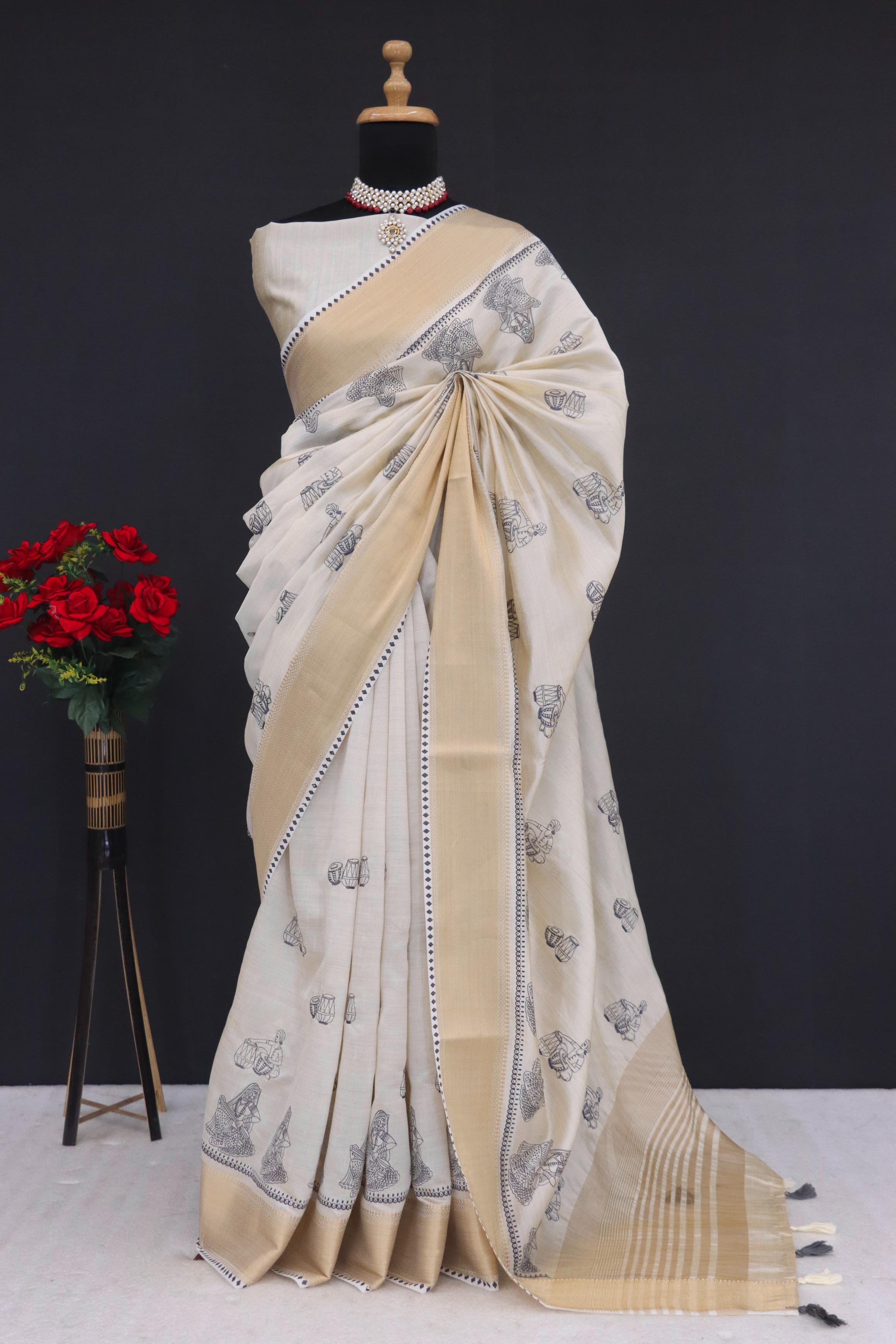 Summer Special Blue Hand Block With Katha Work Linen Silk Saree