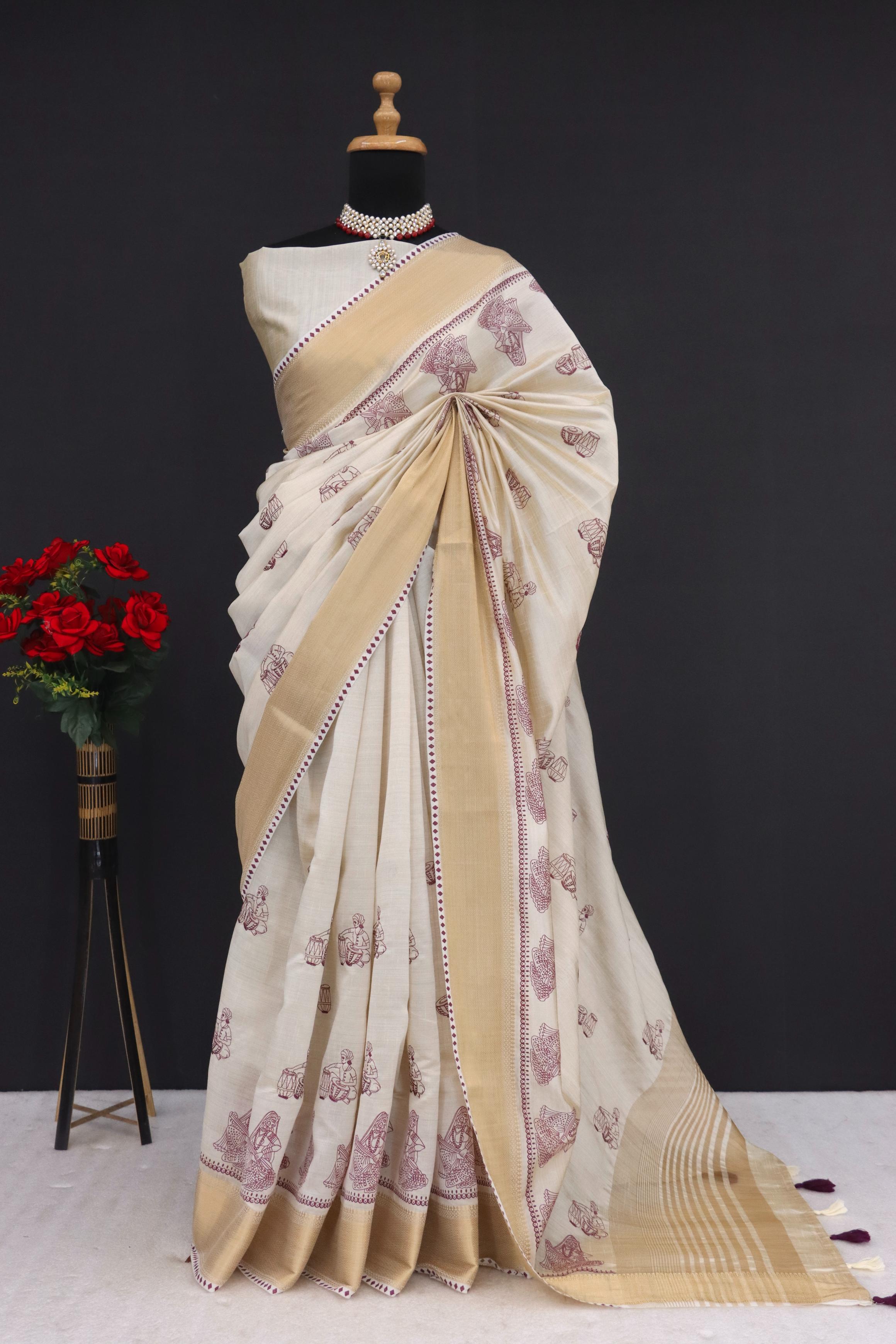 Summer Special Wine Hand Block With Katha Work Linen Silk Saree