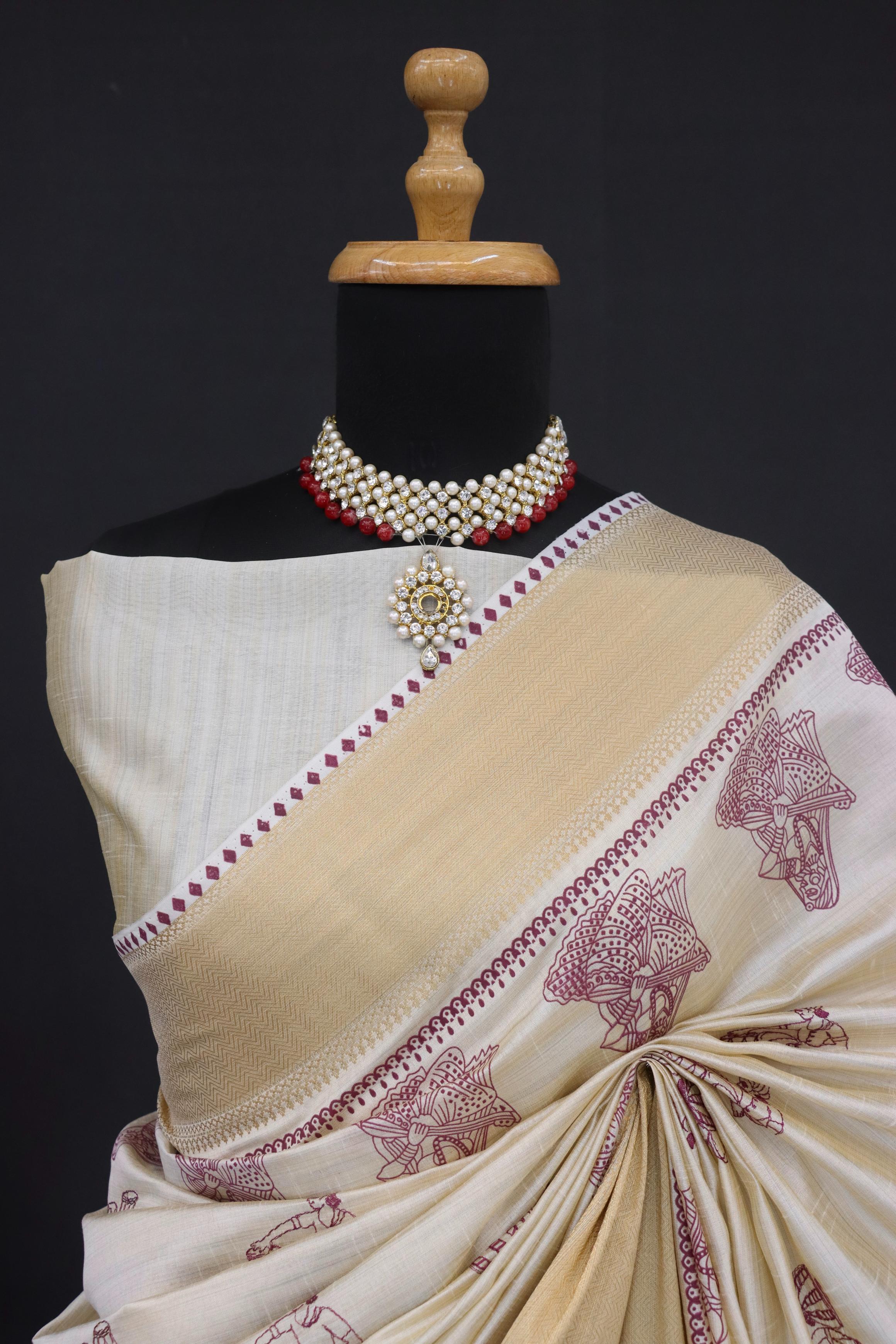 Summer Special Wine Hand Block With Katha Work Linen Silk Saree