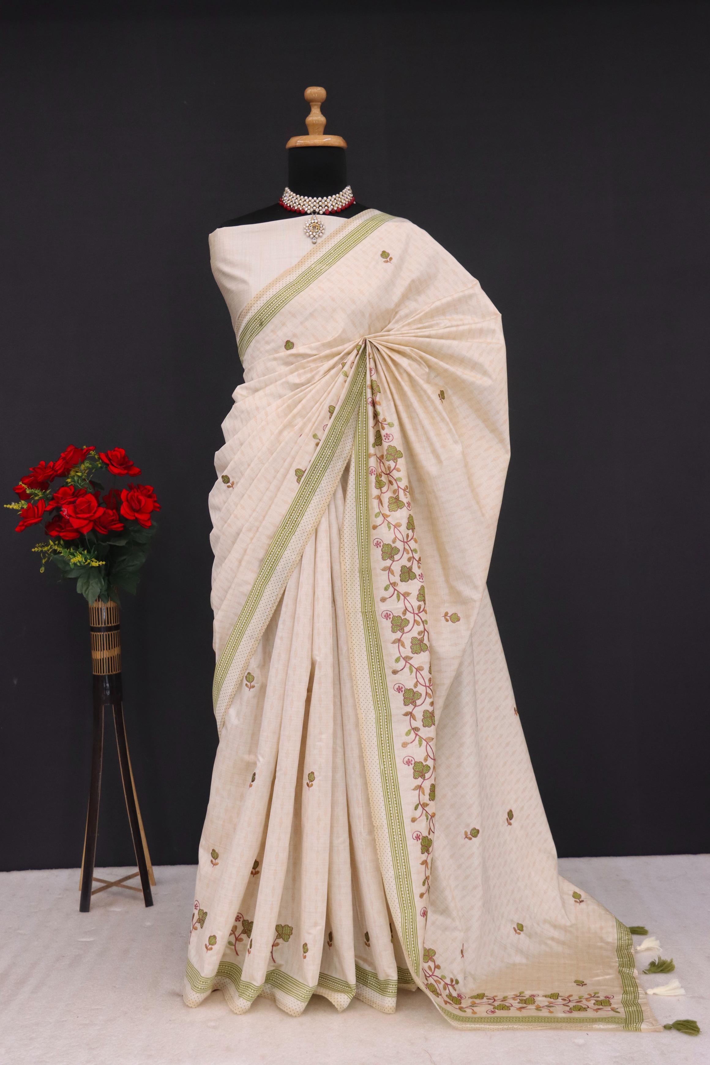 Summer Special Green Flower Katha Work Linen Silk Saree