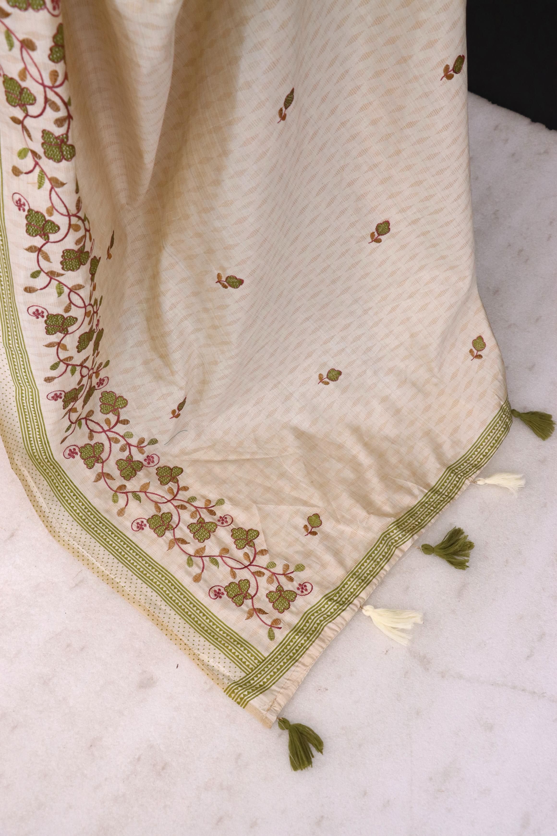 Summer Special Green Flower Katha Work Linen Silk Saree