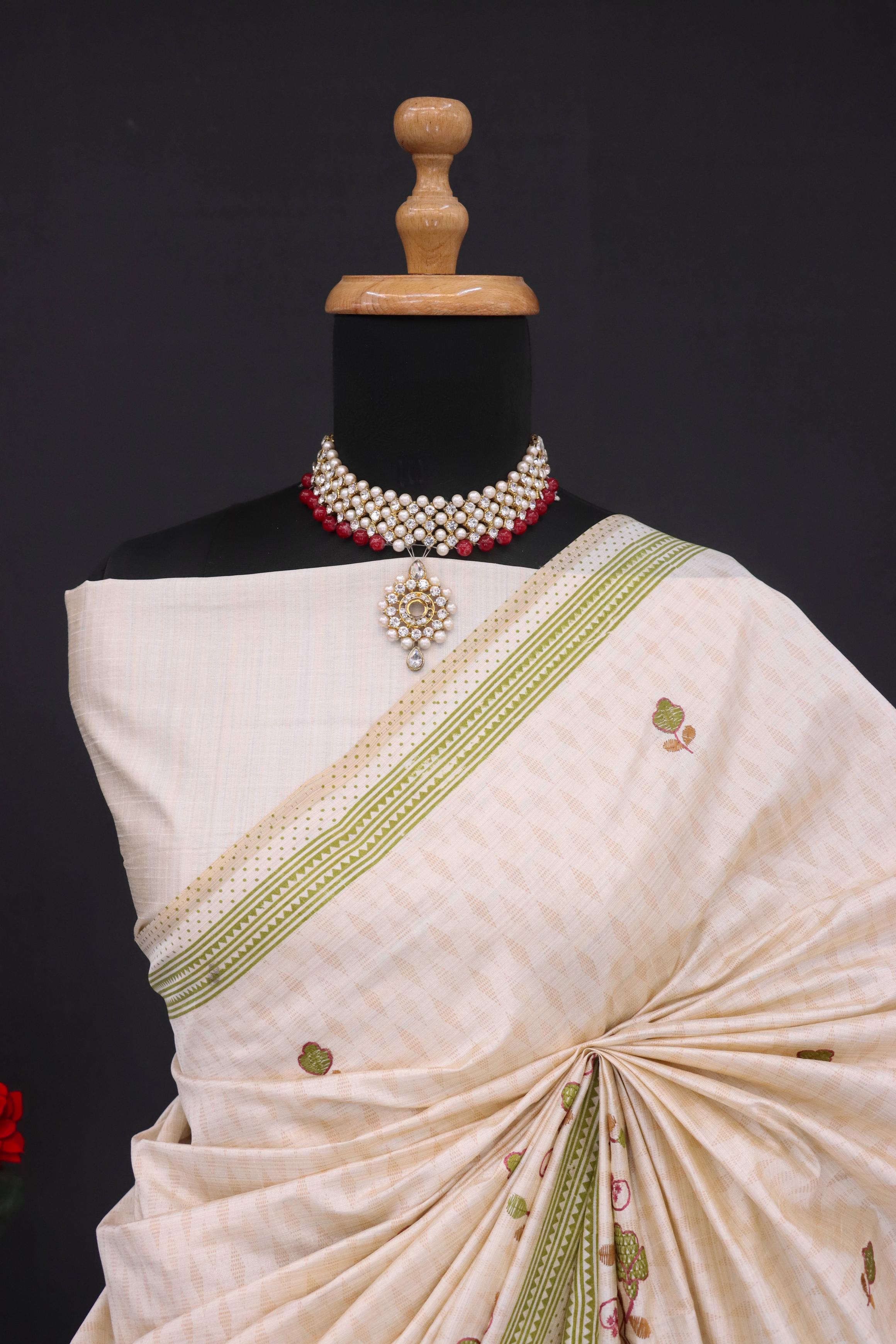 Summer Special Green Flower Katha Work Linen Silk Saree