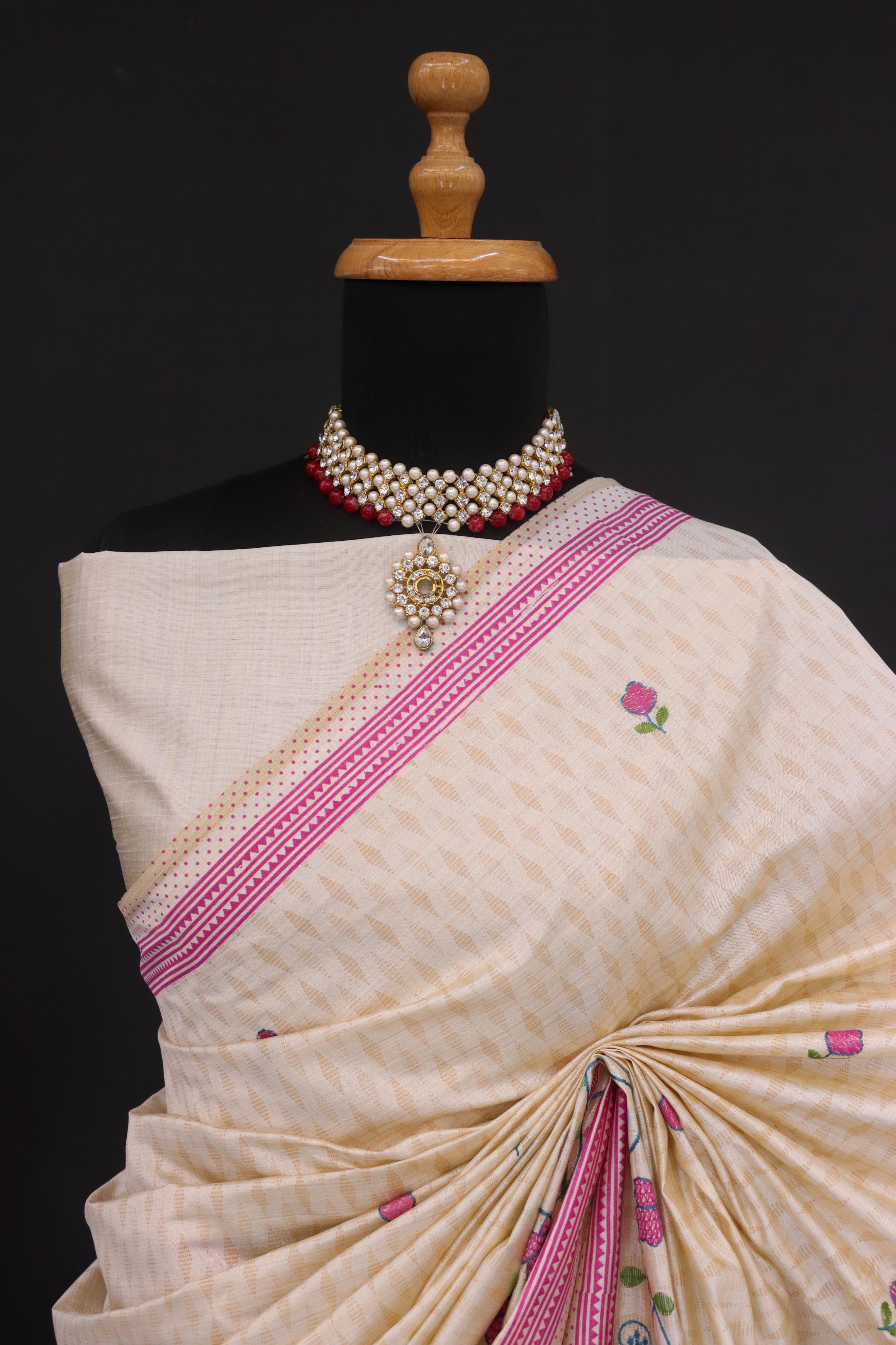 Summer Special Pink Flower Katha Work Linen Silk Saree