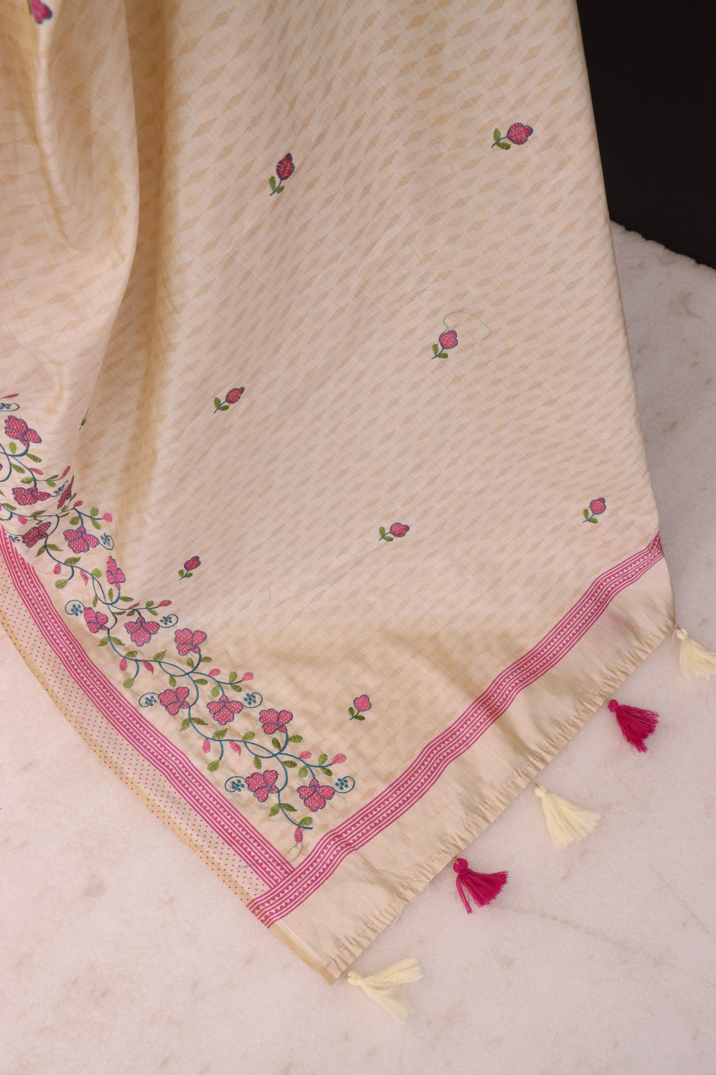 Summer Special Pink Flower Katha Work Linen Silk Saree