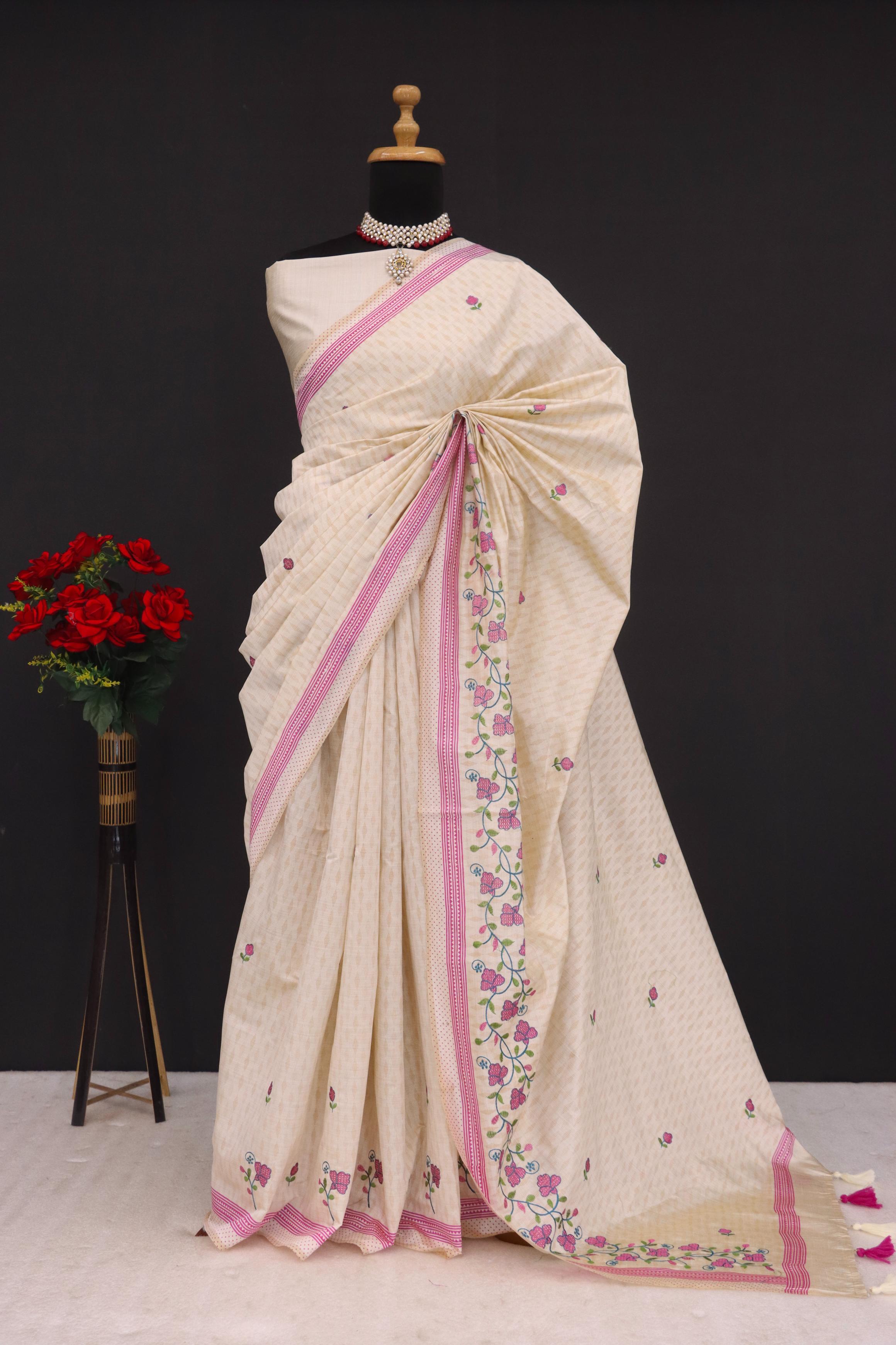 Summer Special Pink Flower Katha Work Linen Silk Saree