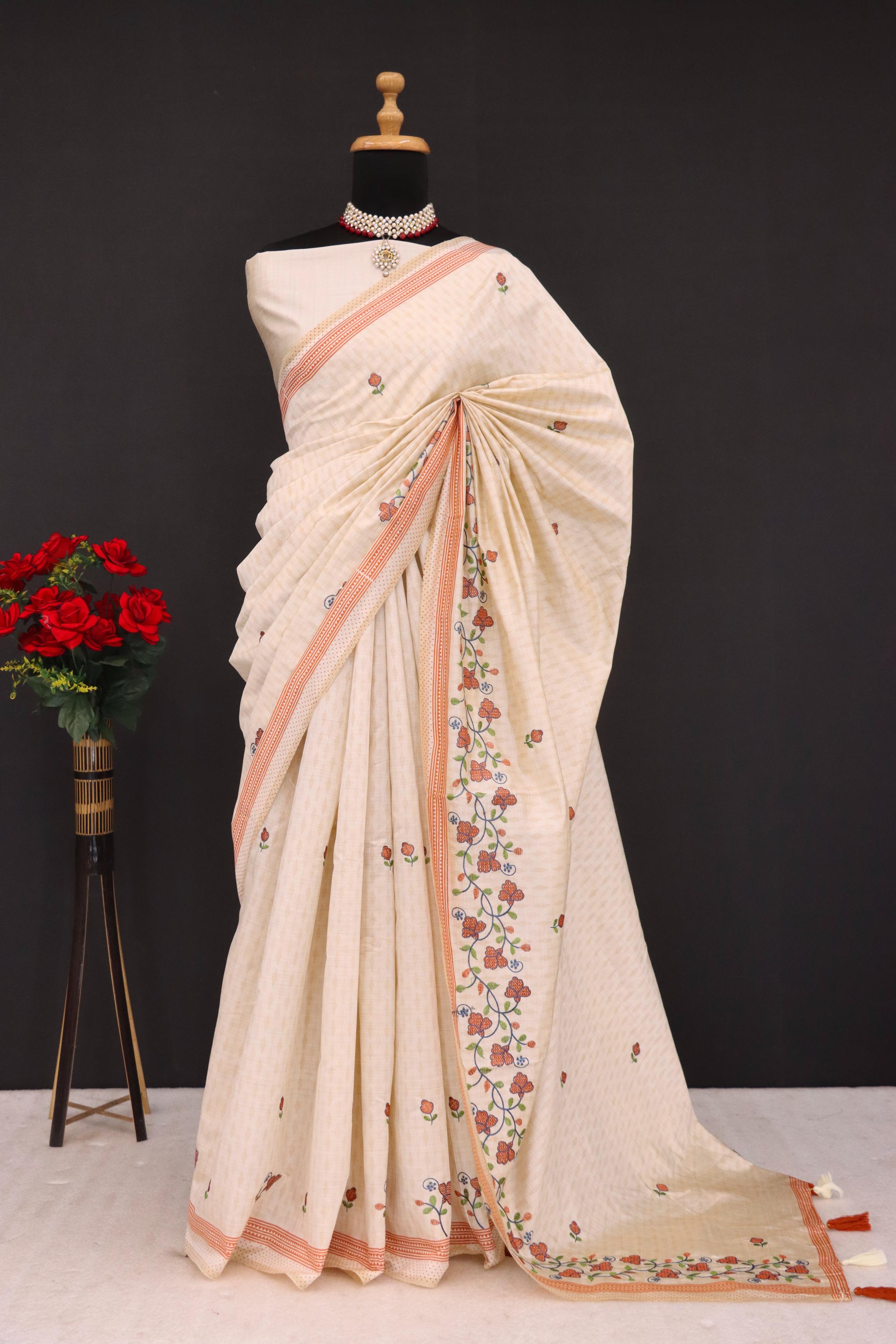 Summer Special Orange Flower Katha Work Linen Silk Saree