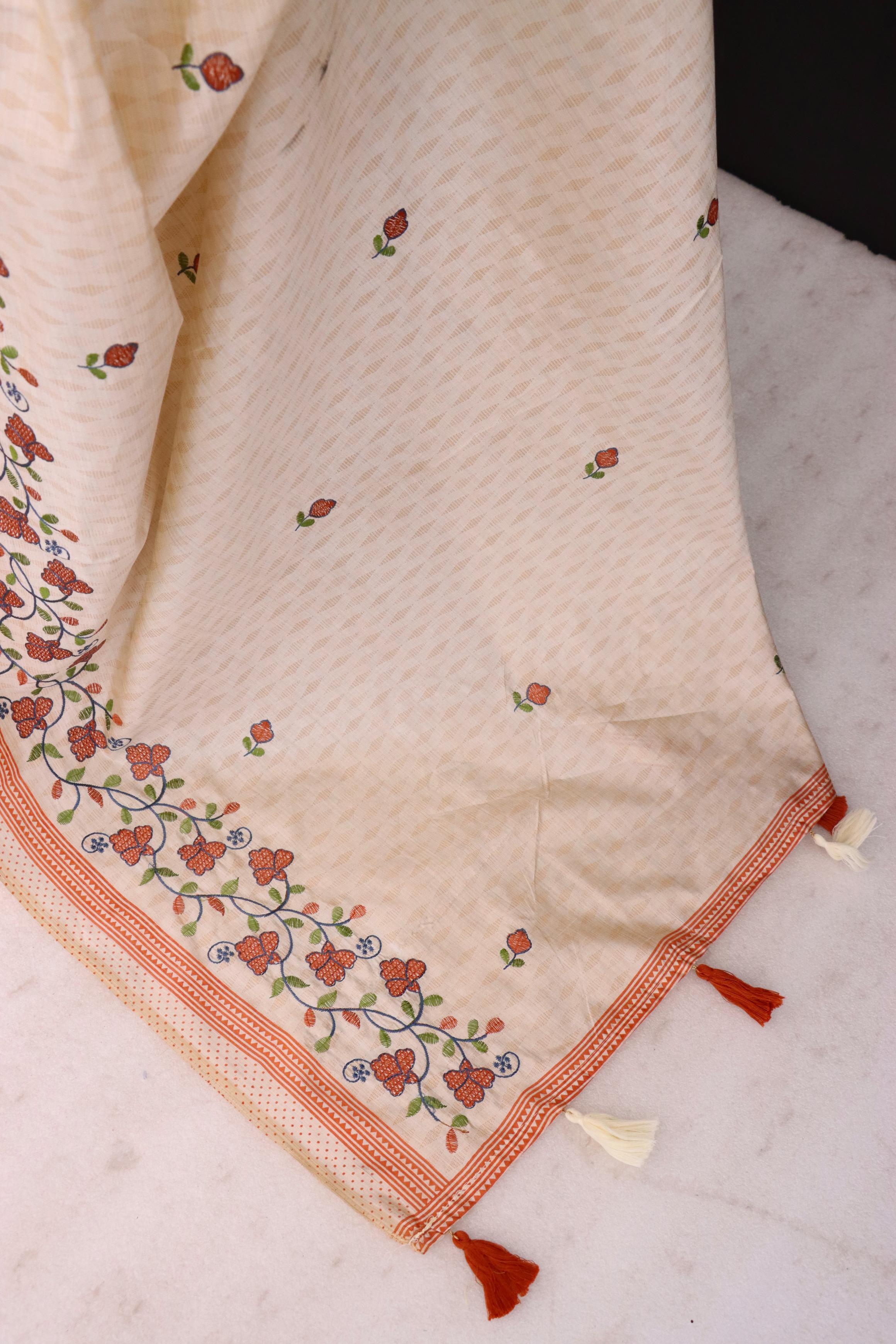 Summer Special Orange Flower Katha Work Linen Silk Saree