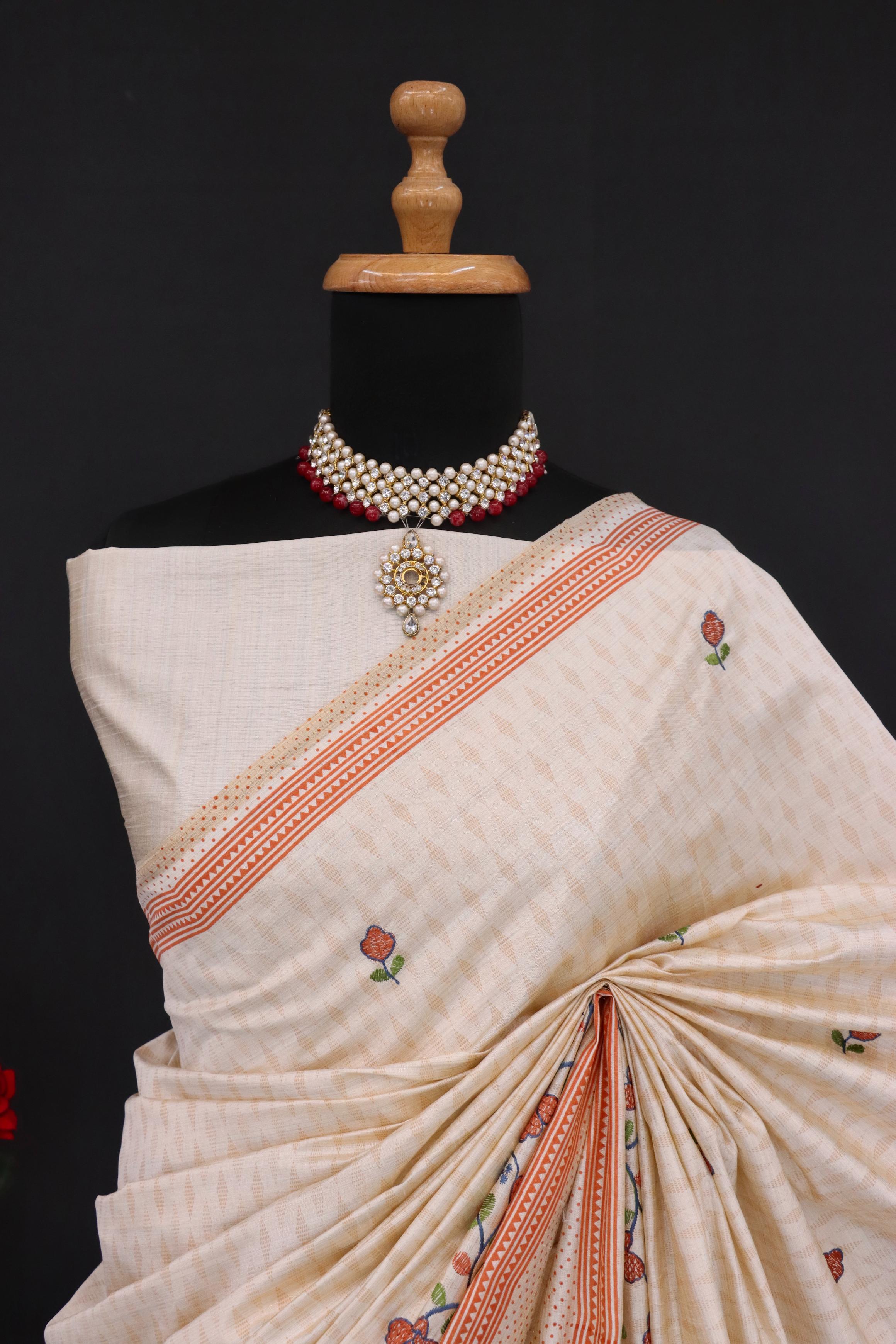 Summer Special Orange Flower Katha Work Linen Silk Saree