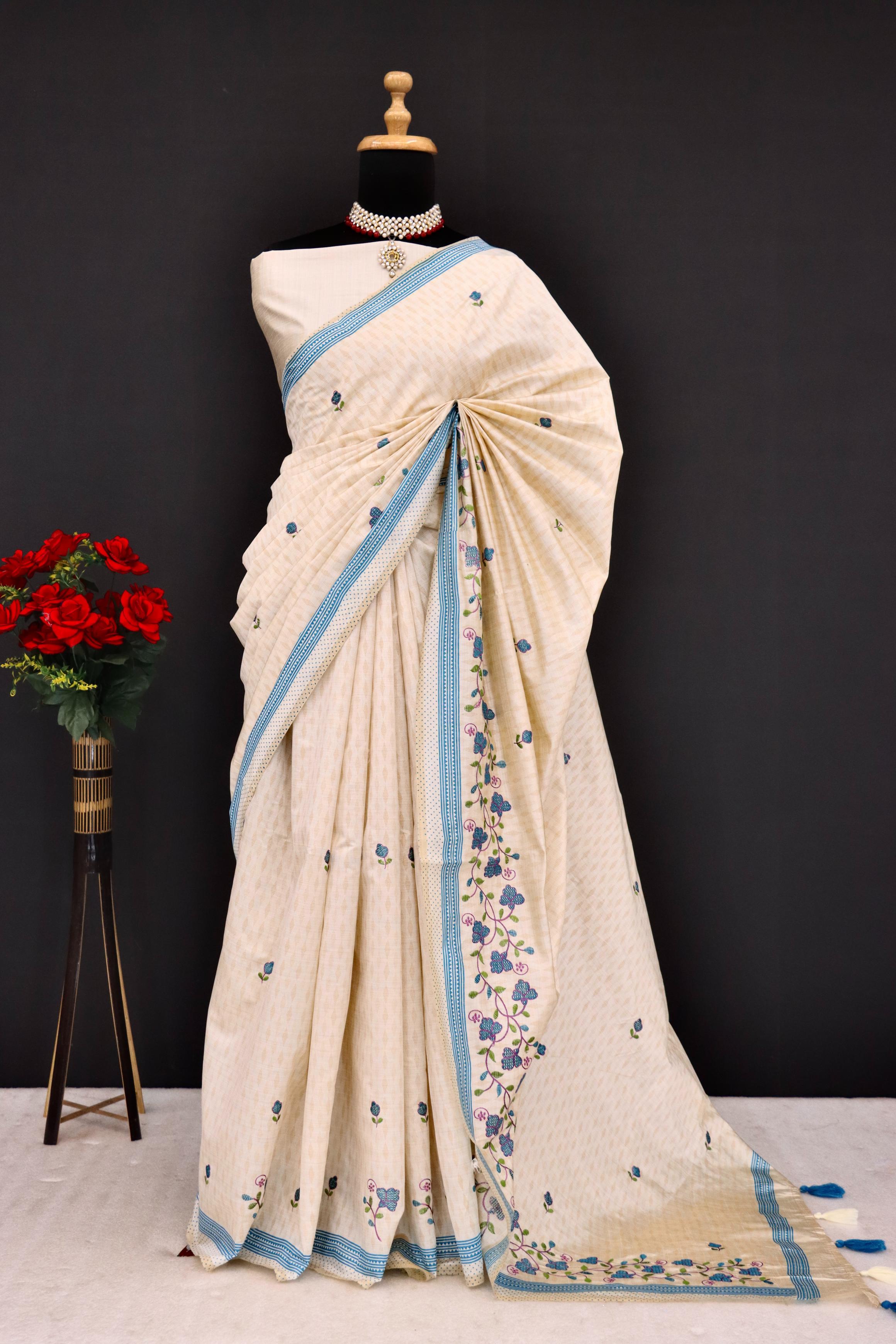 Summer Special Blue Flower Katha Work Linen Silk Saree
