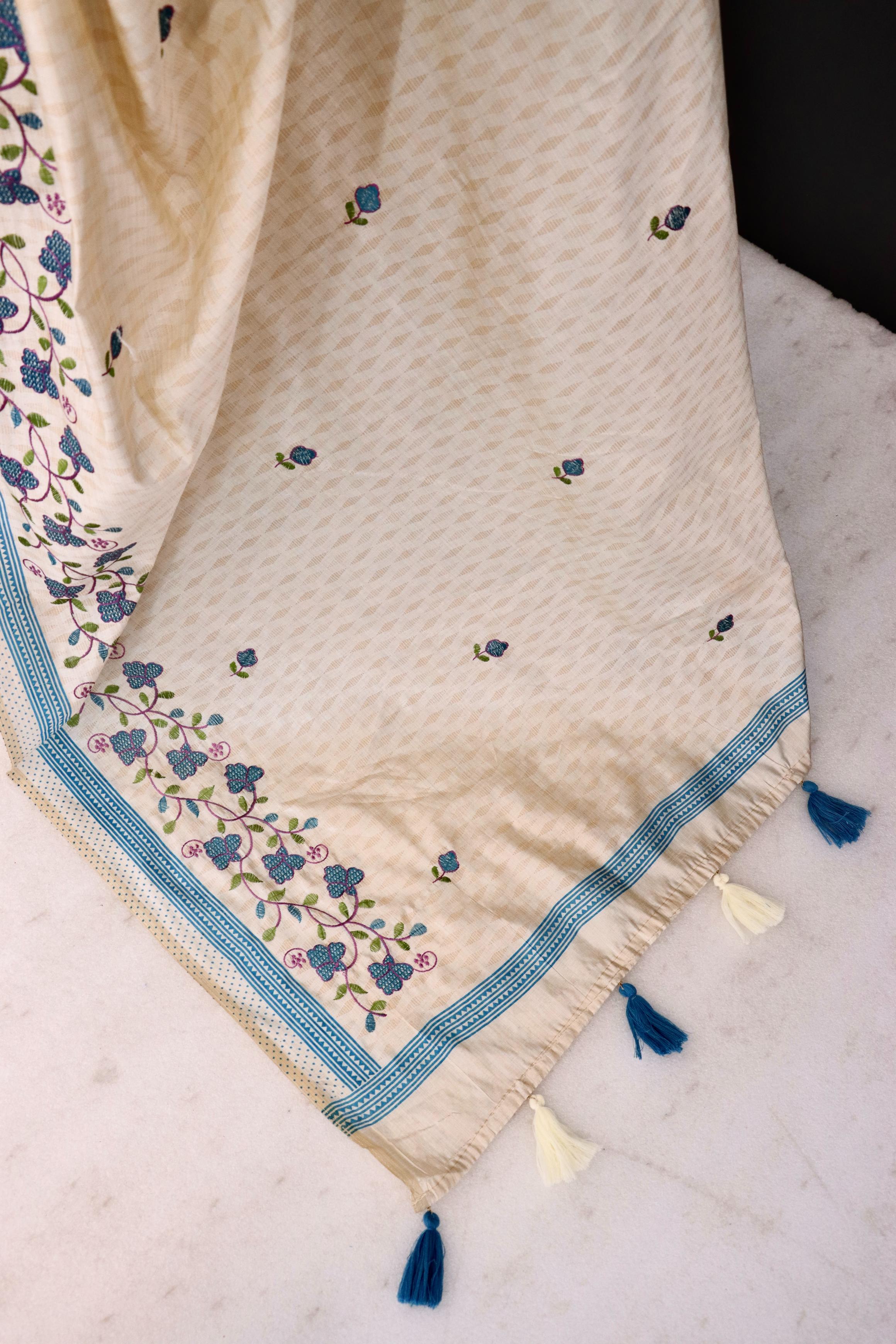 Summer Special Blue Flower Katha Work Linen Silk Saree
