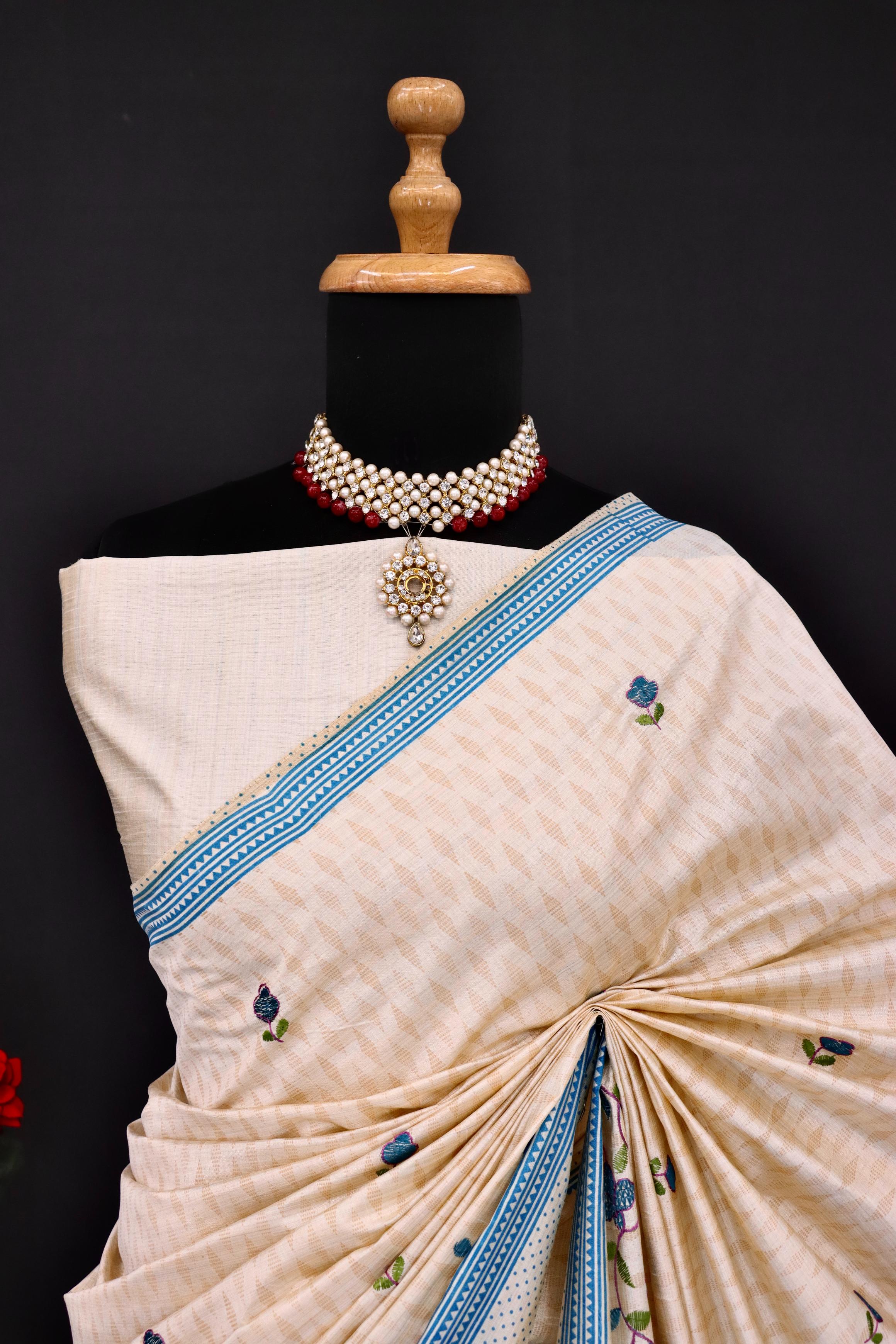 Summer Special Blue Flower Katha Work Linen Silk Saree