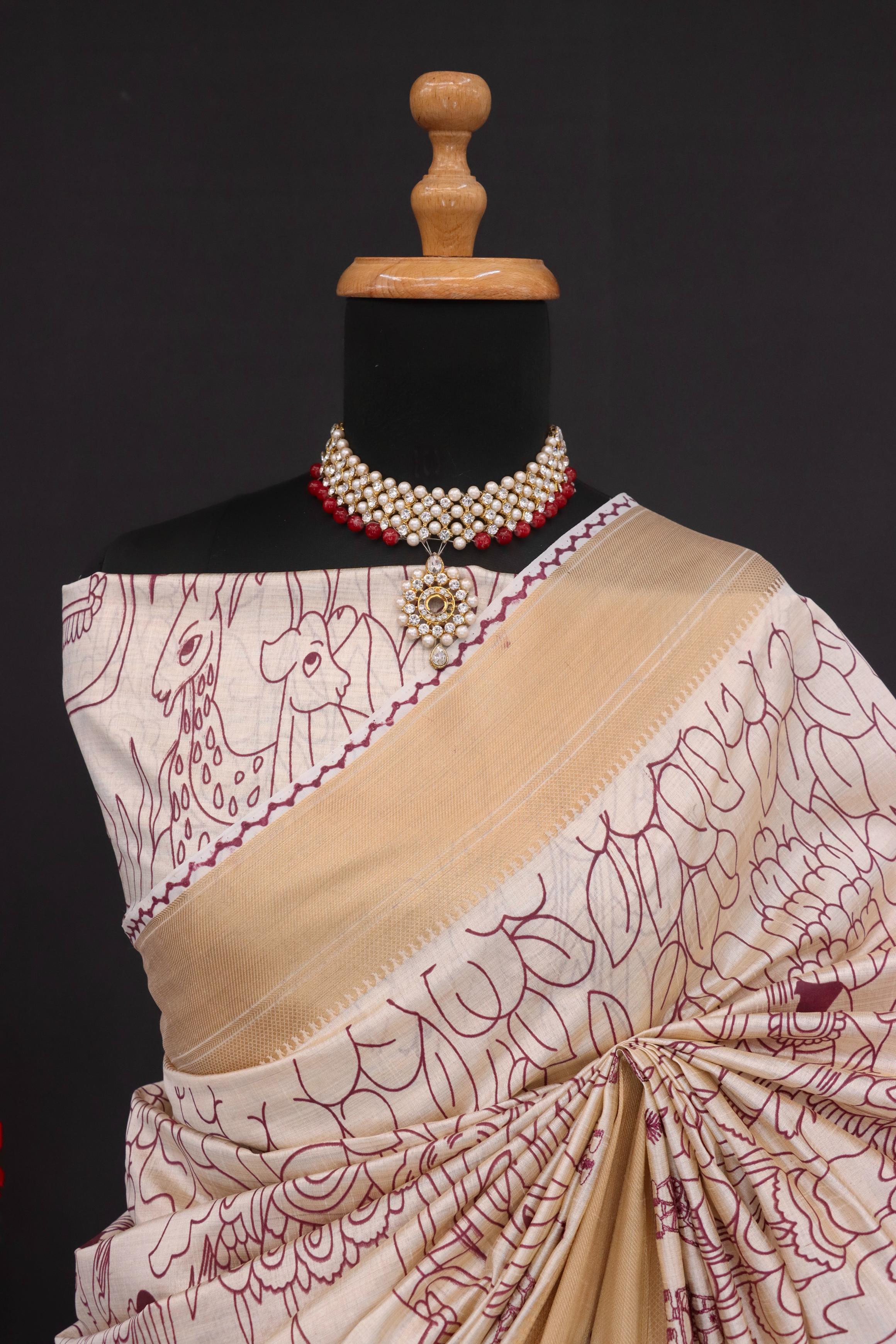 Summer Special Wine Hand Block With Work Linen Silk Saree