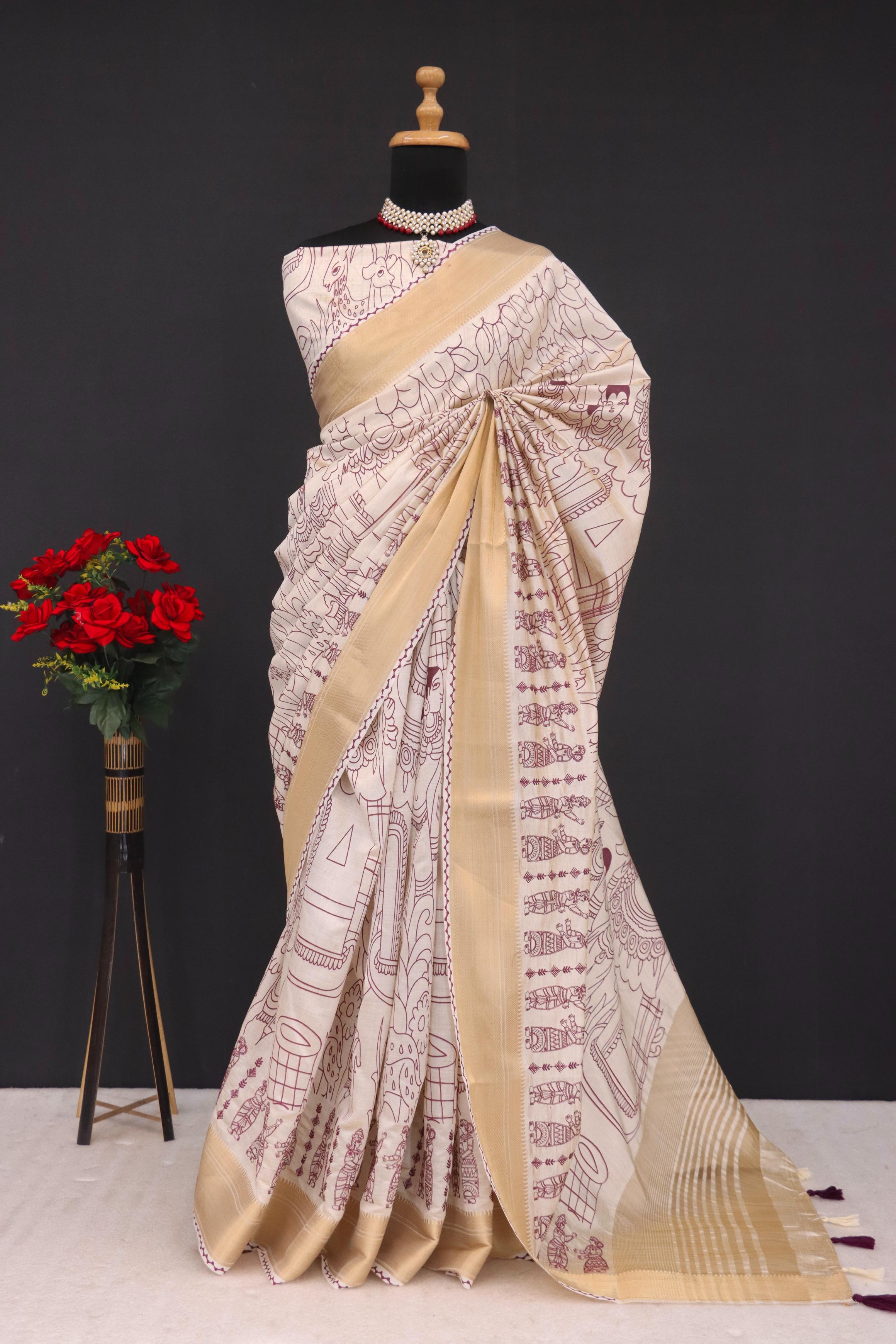 Summer Special Wine Hand Block With Work Linen Silk Saree