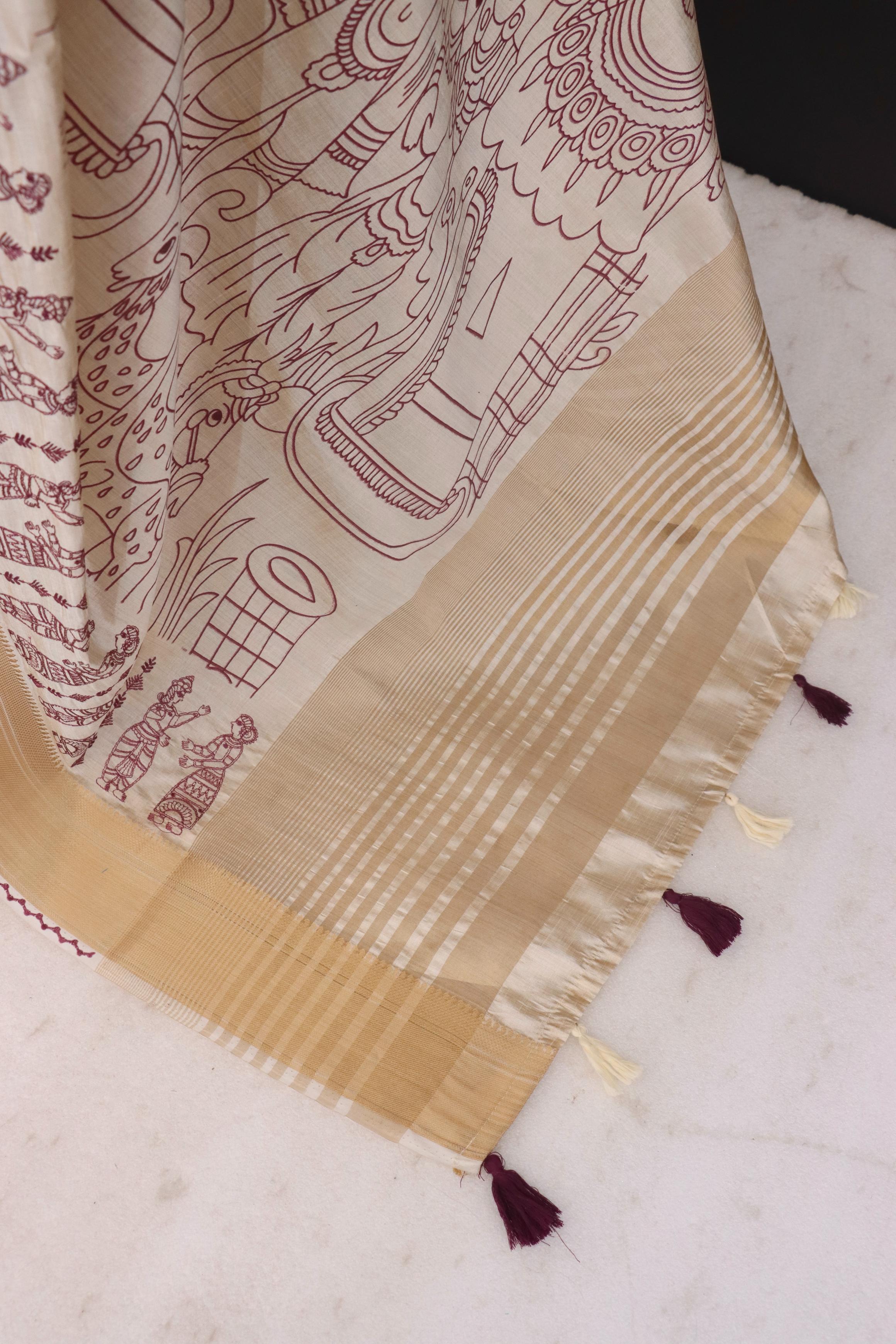 Summer Special Wine Hand Block With Work Linen Silk Saree
