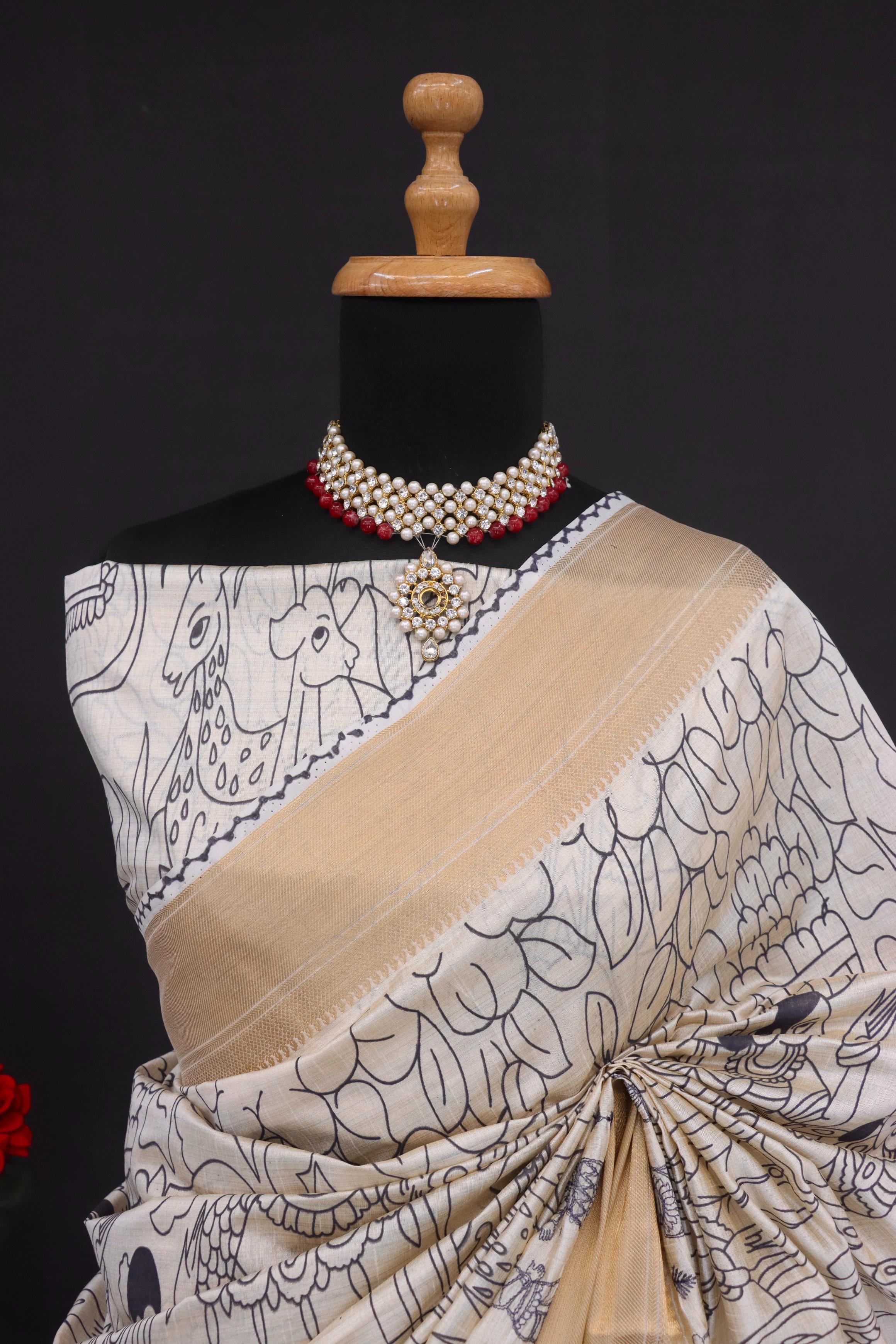 Summer Special Blue Hand Block With Work Linen Silk Saree