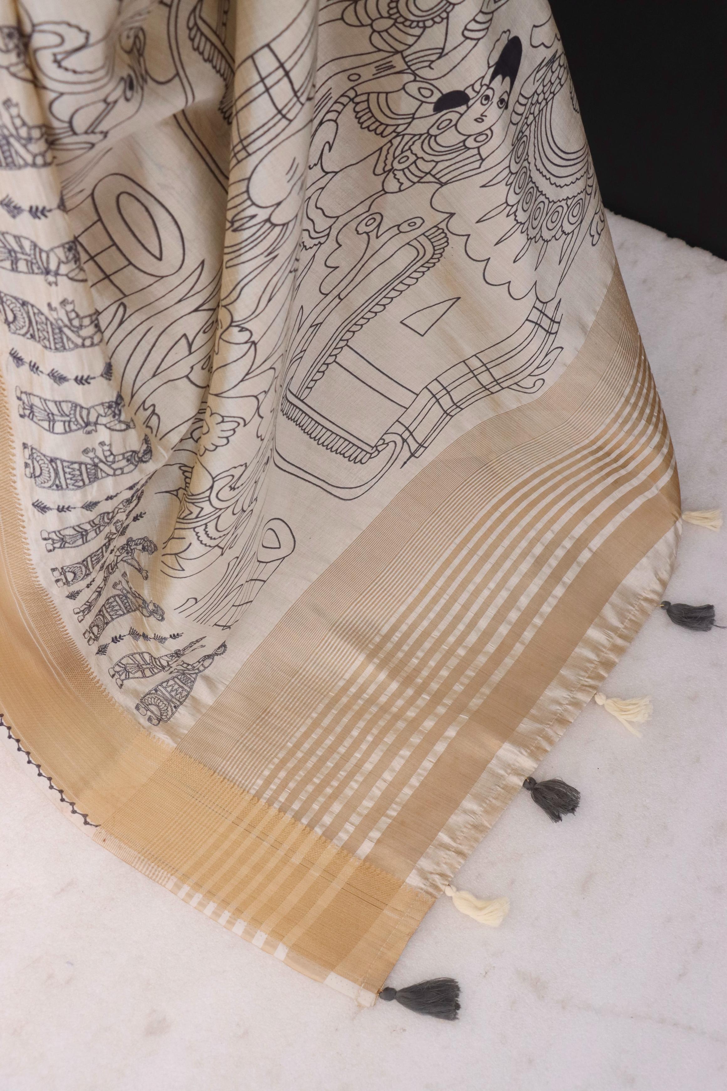 Summer Special Blue Hand Block With Work Linen Silk Saree