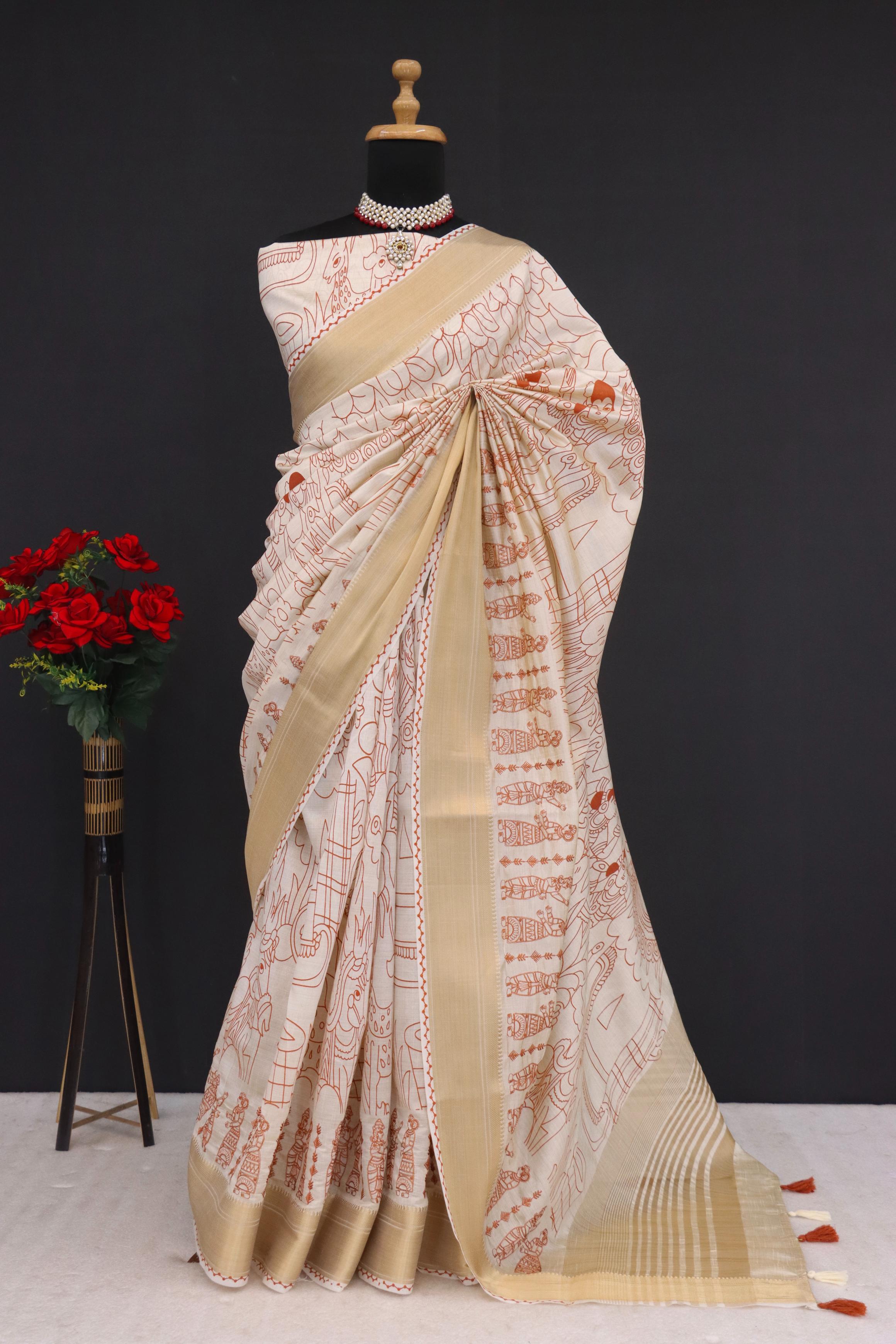 Summer Special Wine Hand Block With Work Linen Silk Saree