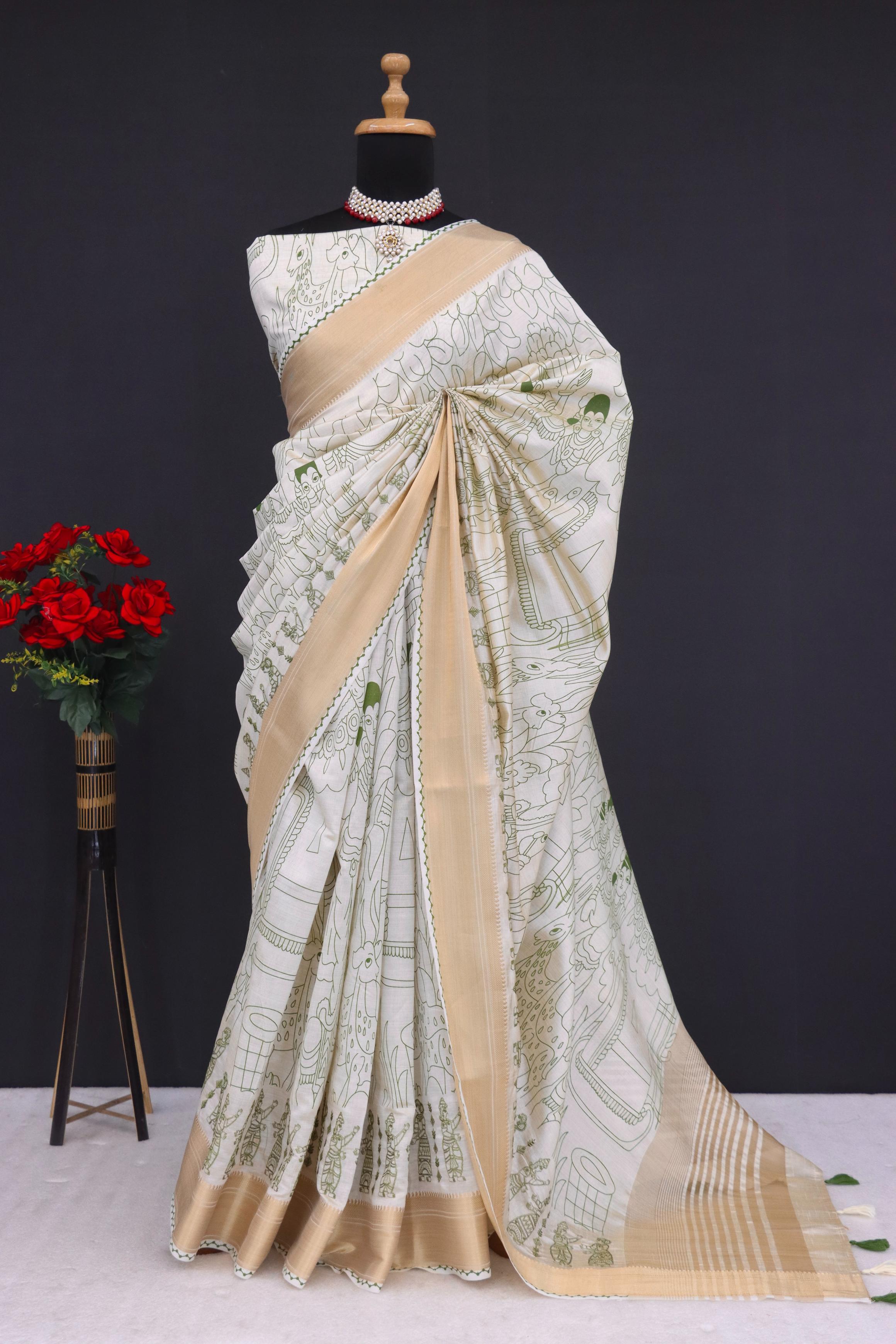 Summer Special Green Hand Block With Work Linen Silk Saree
