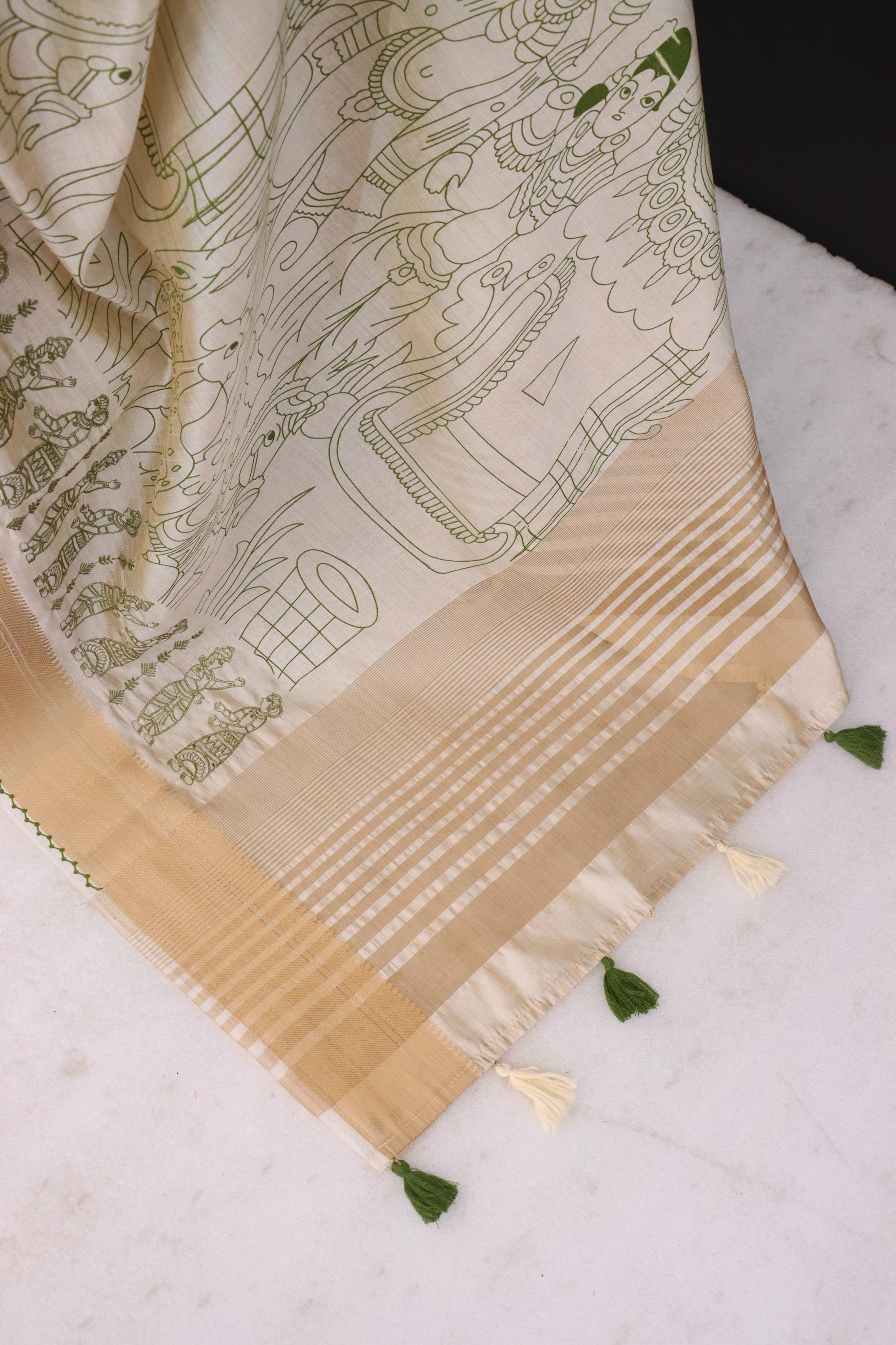 Summer Special Green Hand Block With Work Linen Silk Saree