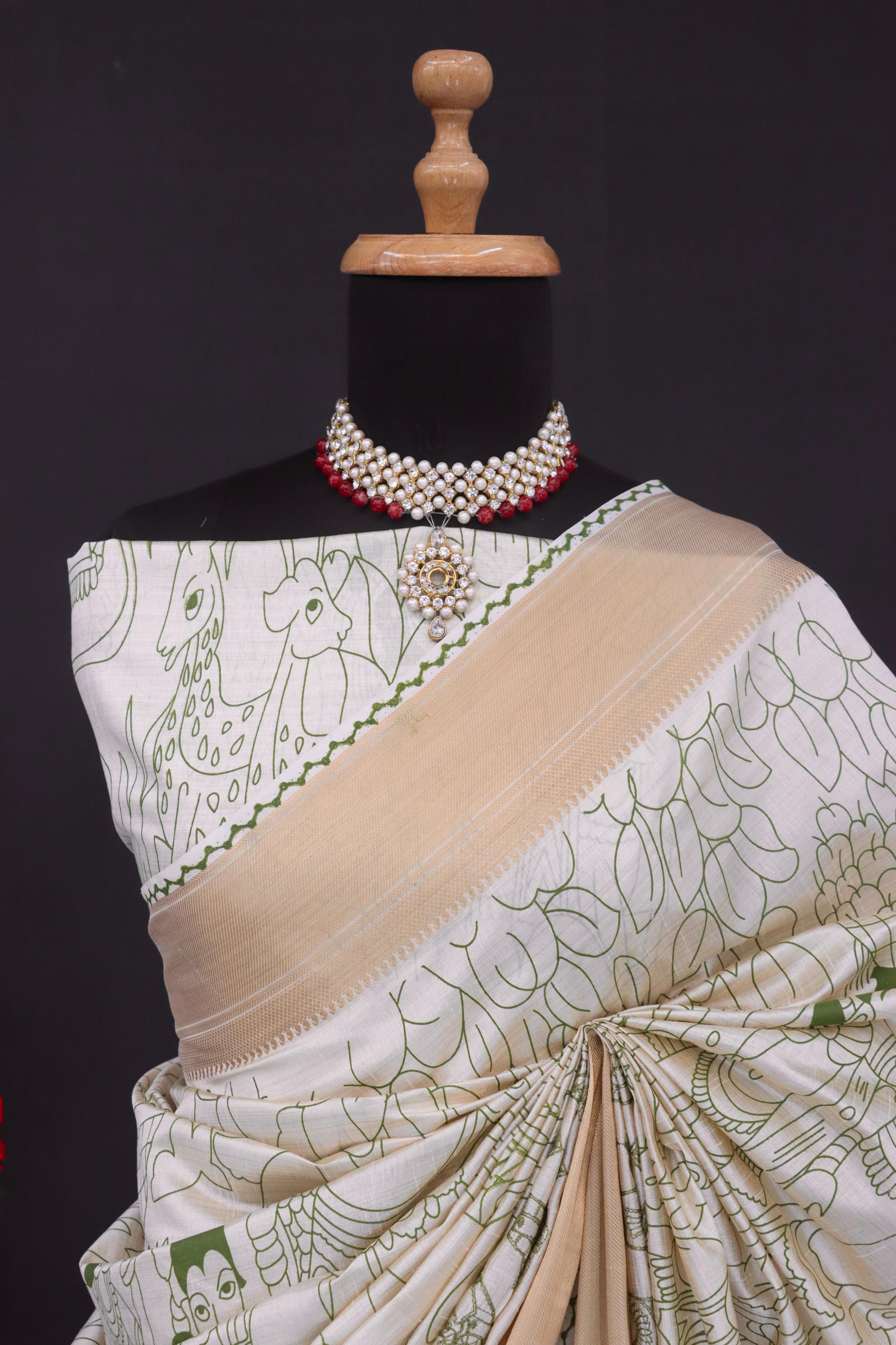 Summer Special Green Hand Block With Work Linen Silk Saree