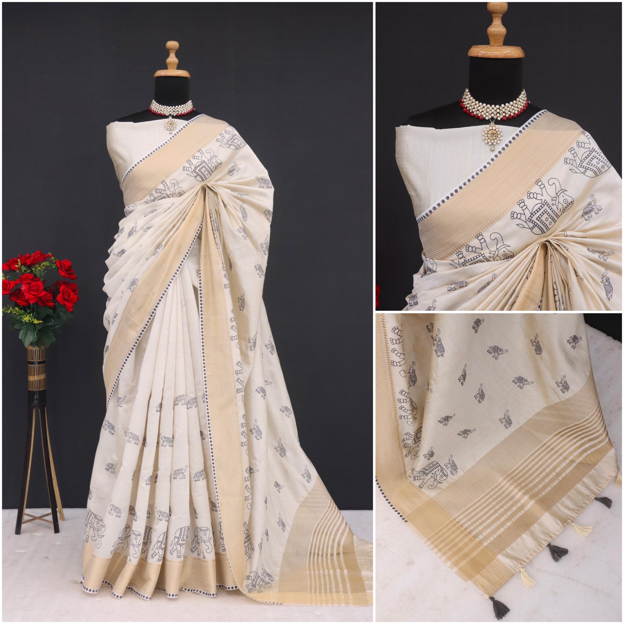 Summer Special Off White And Blue Hand Block With Work Linen Silk Saree