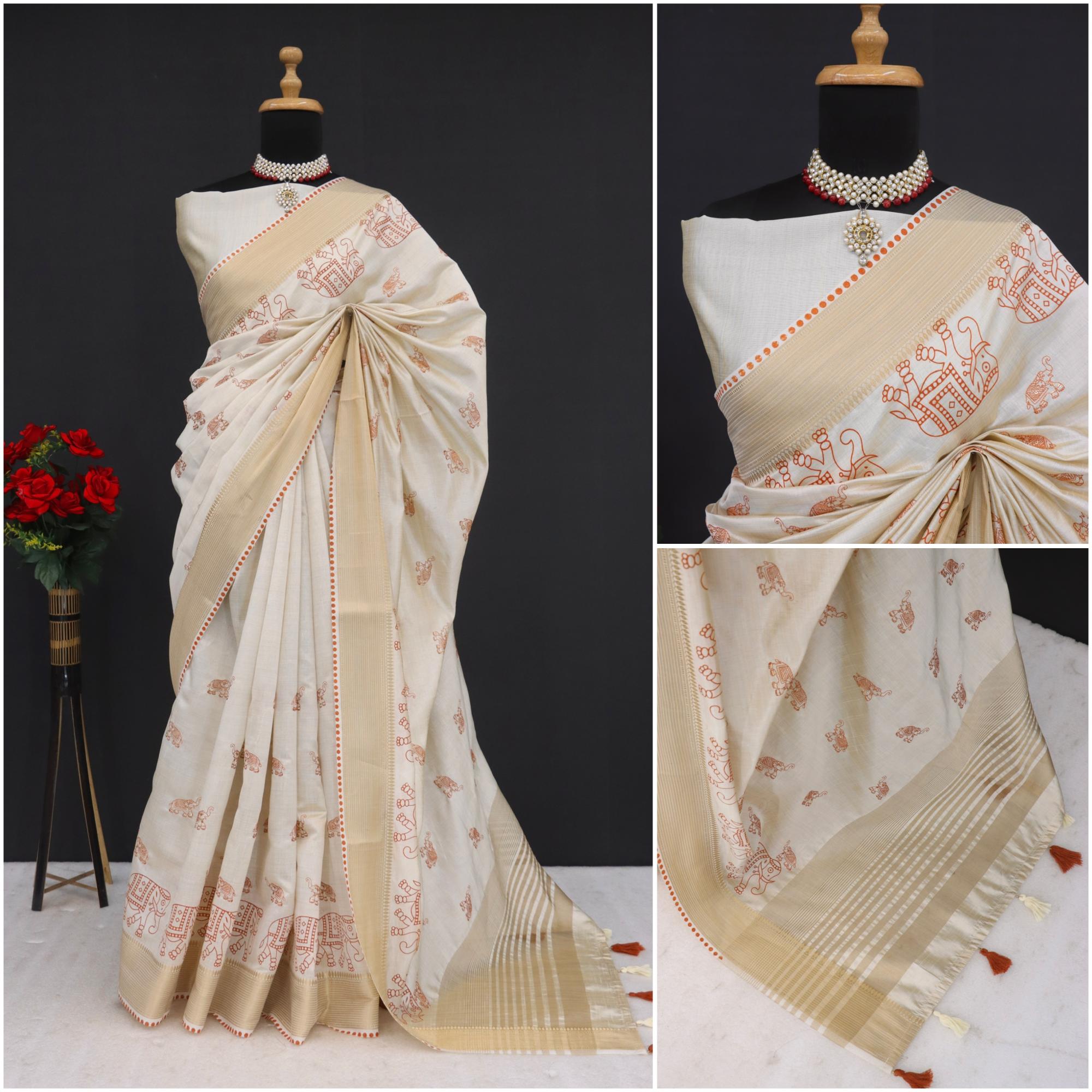 Summer Special Off White And Orange Hand Block With Work Linen Silk Saree