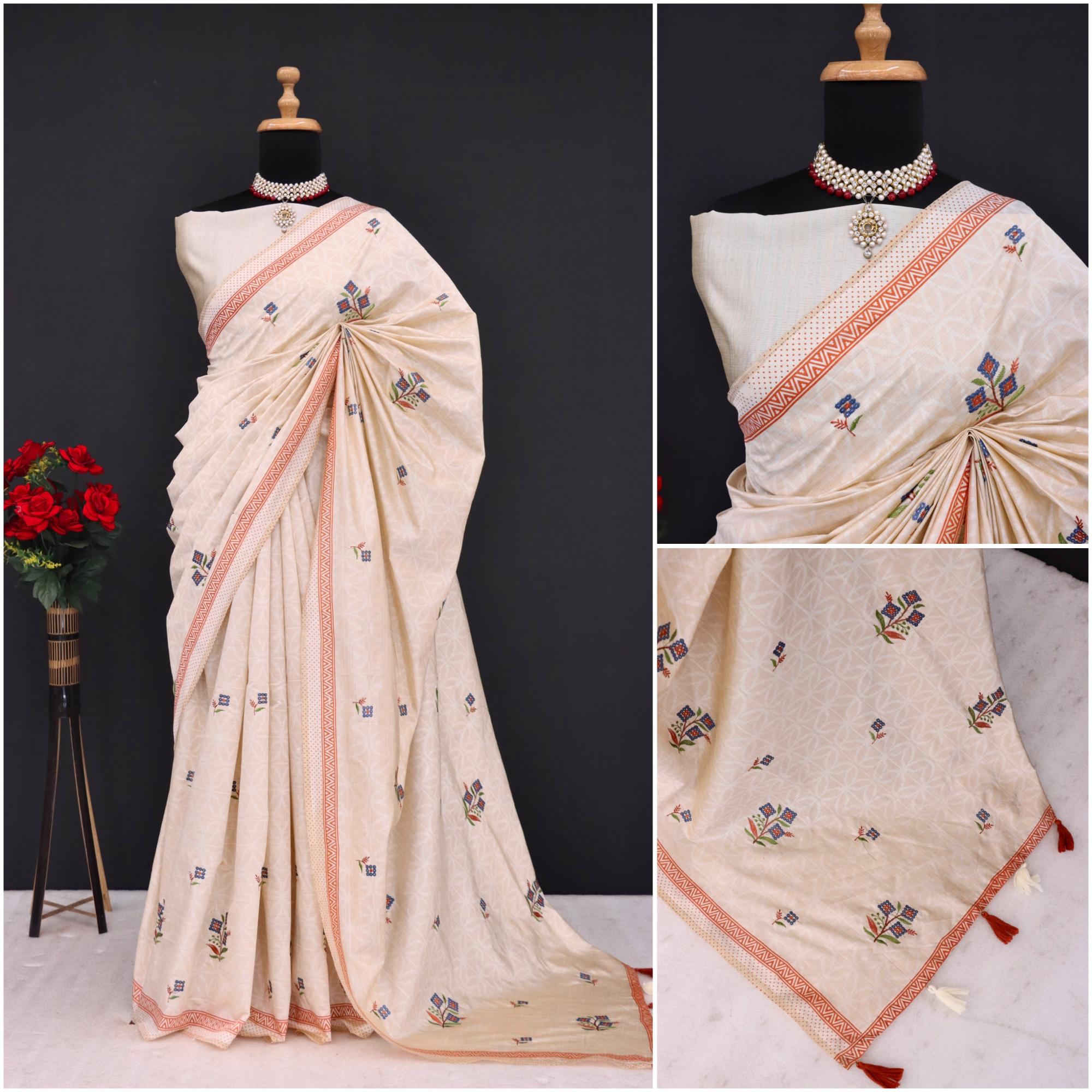Summer Special Orange Flower Work Katha Linen Silk Saree