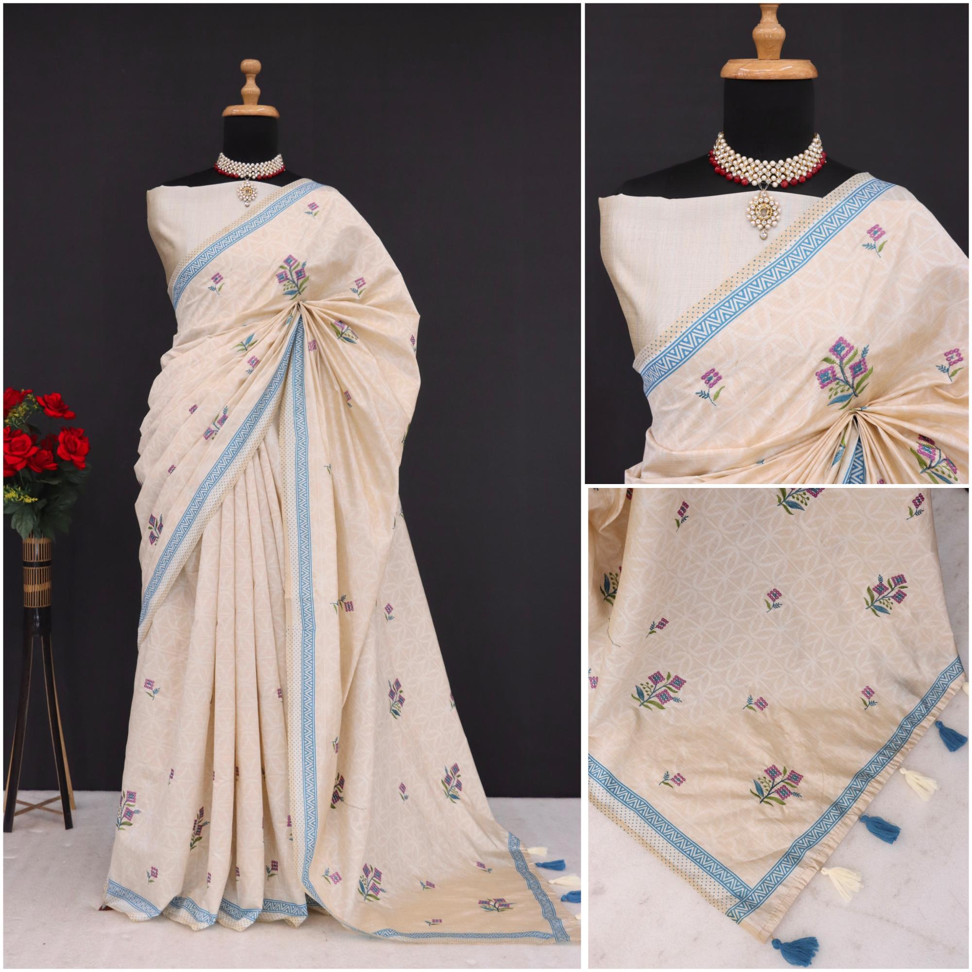 Summer Special Blue Flower Work Katha Linen Silk Saree