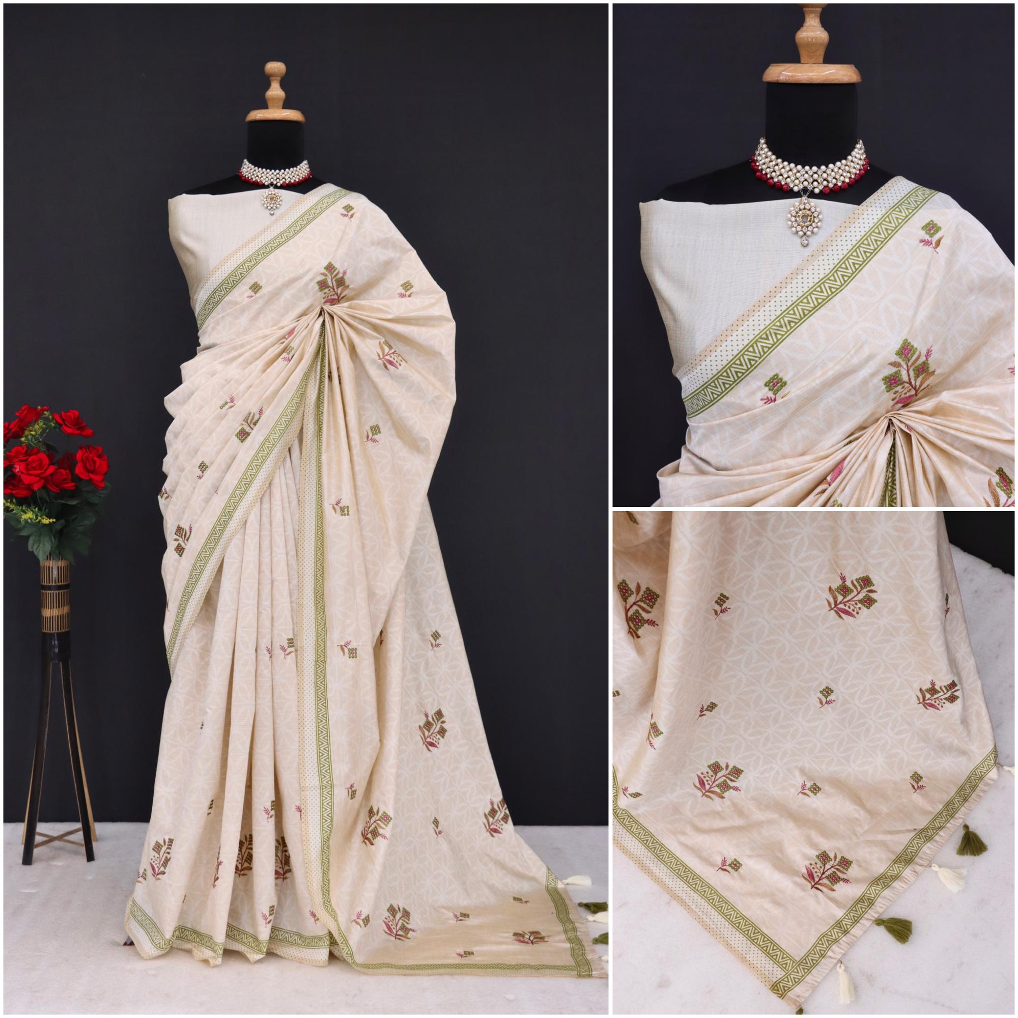 Summer Special Green Flower Work Katha Linen Silk Saree